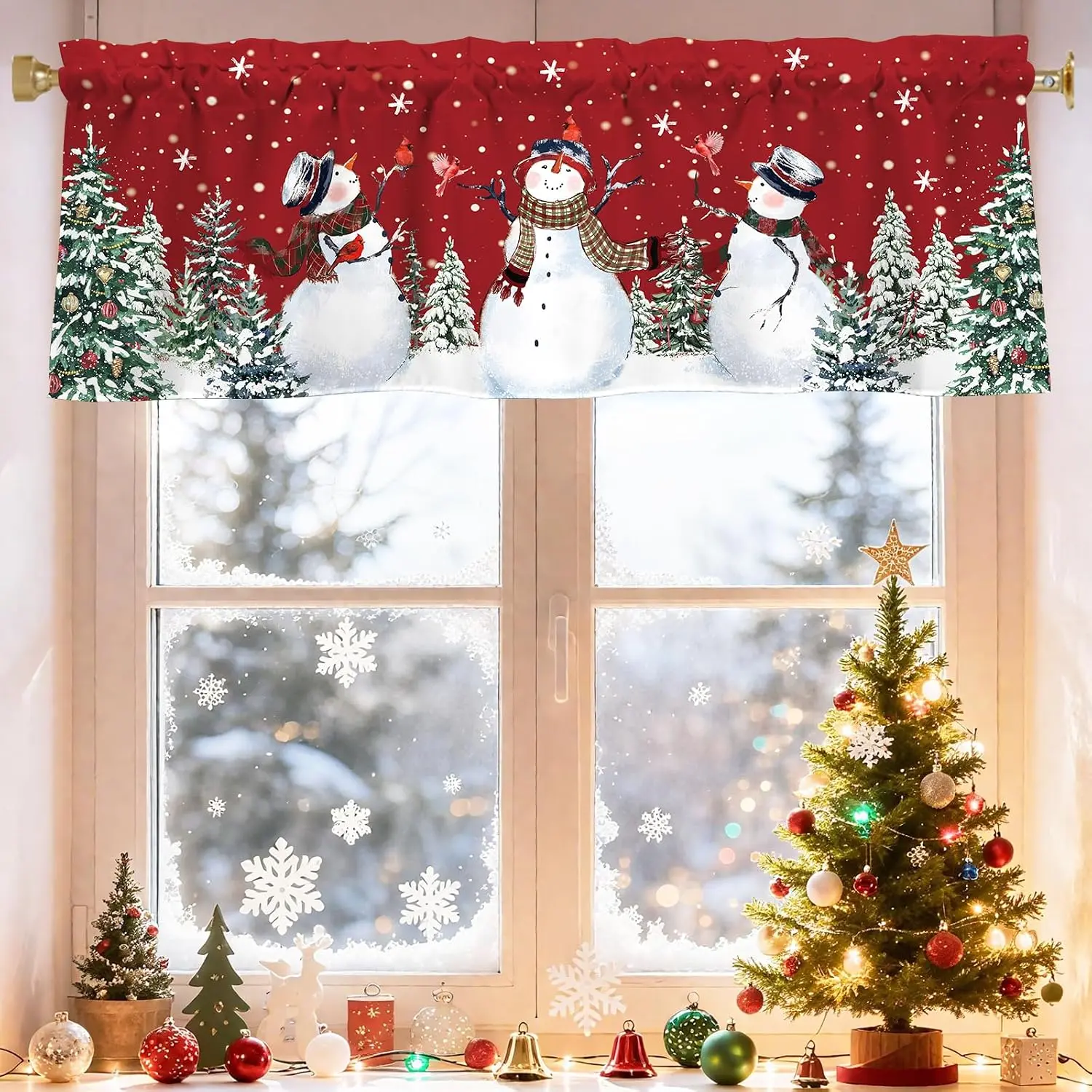Snowman Christmas Valances for Windows 54x18 Inch Red Xmas Trees Curtain Valance for Kitchen Bathroom Living Room Bedroom Decor