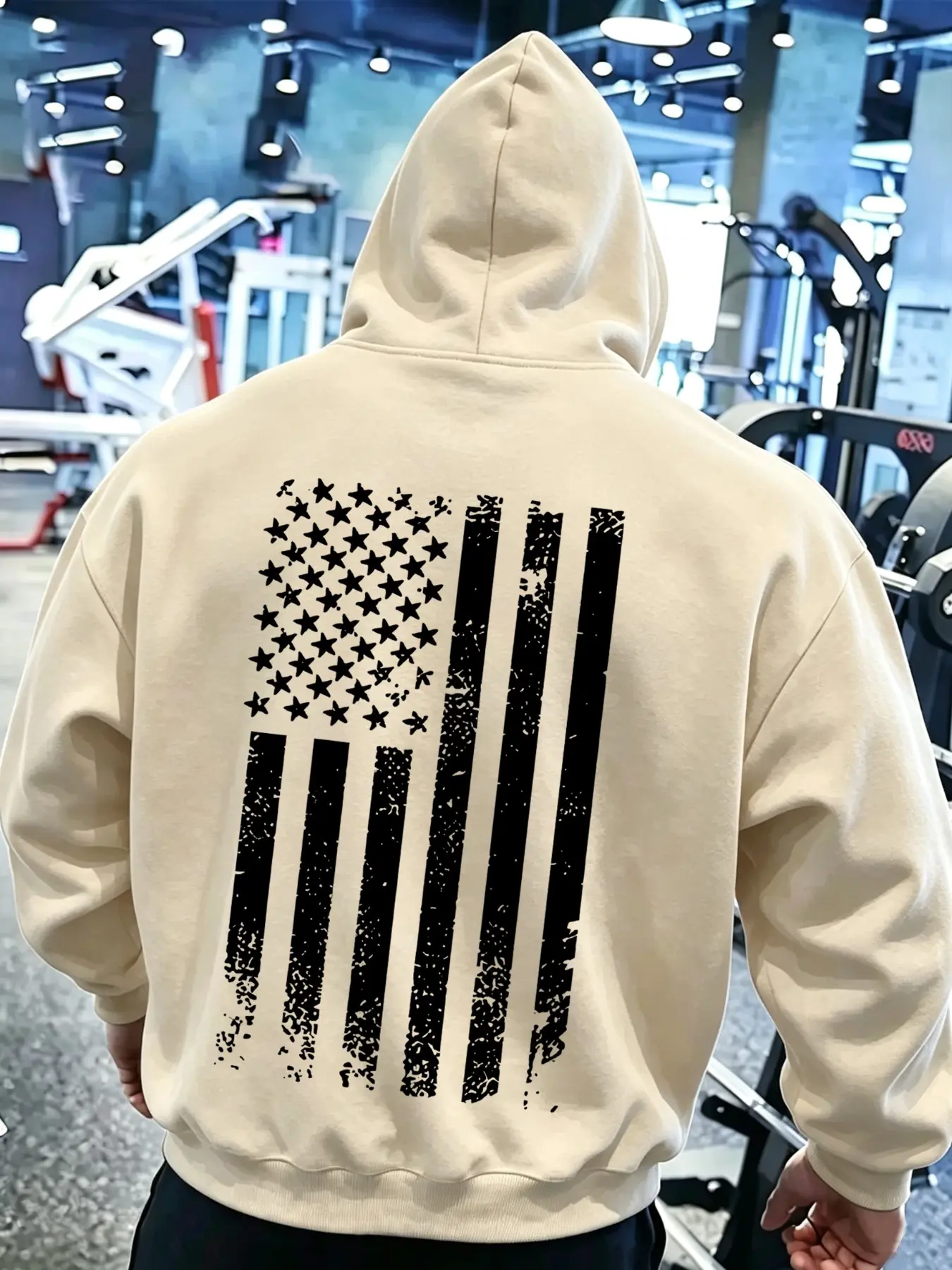 Men's Spring Fall American Vintage Hoodie, Back Worn Star Stripe Print, Multiple Colors, Heavy Knit Fabric, Loose Fit, Streetwear Style