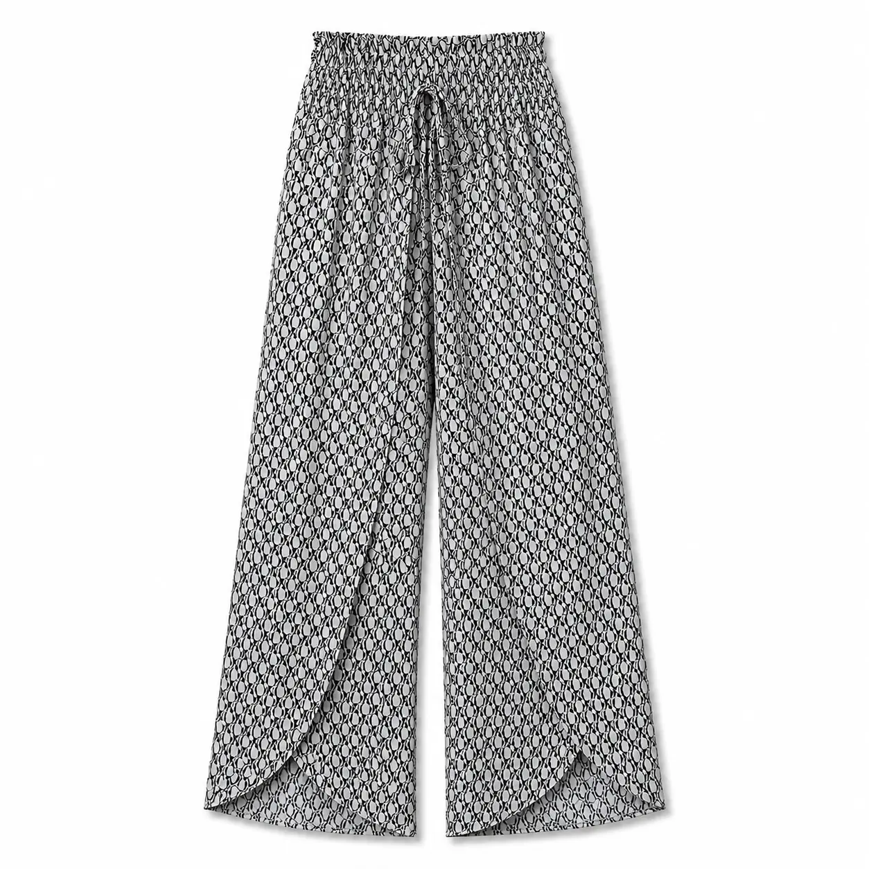Women’s Elegant Chic Geometric Print Polyester High-Waist Smocked Drawstring Wide-Leg Tulip Hem Palazzo Bottoms, Loose Flowy Pants for Vacation, Beach, Everyday Wear, Fabric