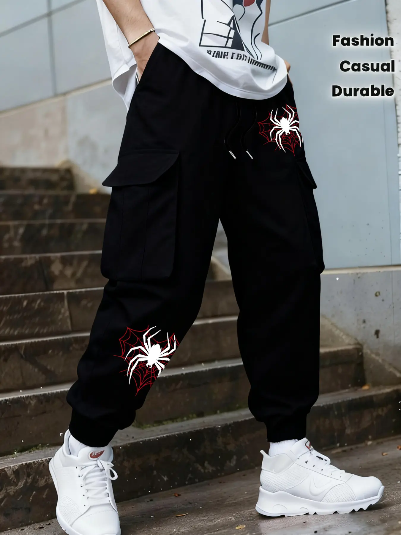 Men's Casual Print Drawstring Cargo Pants, Comfortable Breathable Side Pockets, Fashion Spider Web Design, Daily Wear, Stylish and Trendy