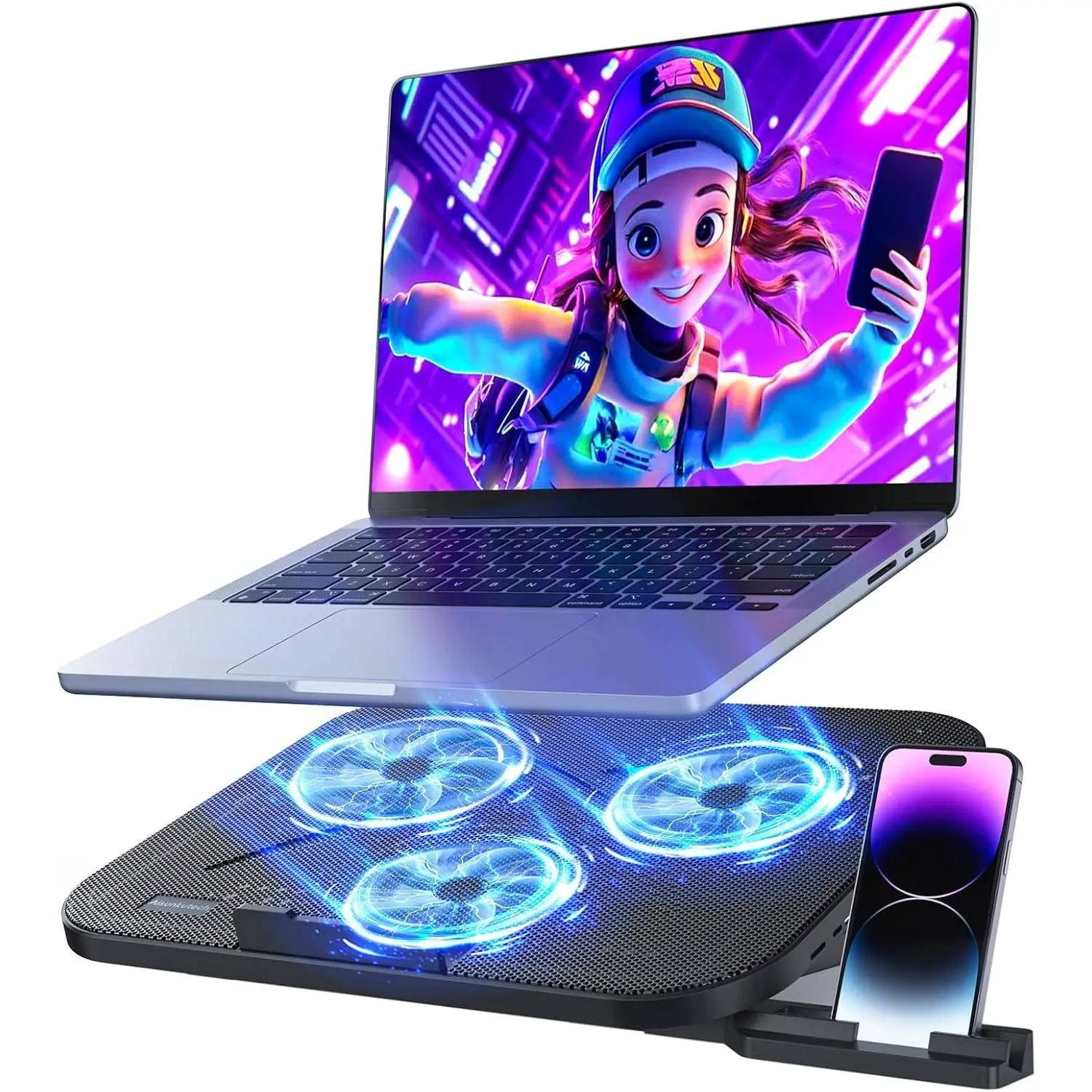 Laptop Cooling Pad with ABS Mesh, 3 Quiet Fans, Speed Control, 5-Level Height Adjustable Ergonomic Stand, 2 USB Ports, Phone Holder, Fits 12-17in Laptops, Family-Friendly for Gaming Work