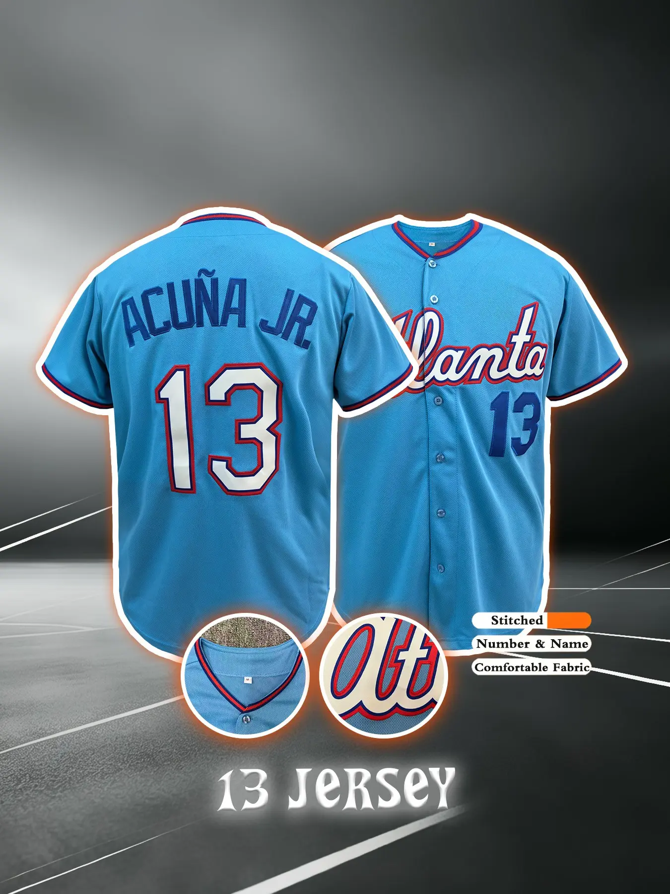 Men's #13  Baseball Shirt, Atlanta Letter Embroidery Design, Soft Breathable Comfort, Casual Street Style, Unisex, All Seasons, Fan Sportswear Top, Breathable Sports Tops