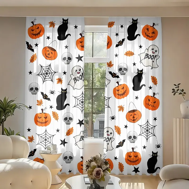 2-piece set - Halloween cartoon elements - Printed semi-transparent window curtains, pumpkin lanterns, cats, ghosts, skulls, spider webs, etc. prints. Suitable for living rooms, bedrooms, home decoration. Hand washable, machine washable, durable.
