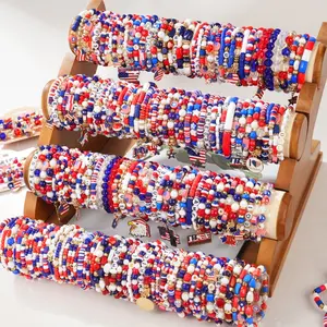 38/48/58Pcs July of 4th USA Flag Bead Stretch Bracelet Set for Women, Red White And Blue American Independence Day Multi-layer Elastic Wristband, Elegant And Vacation Style Accessory