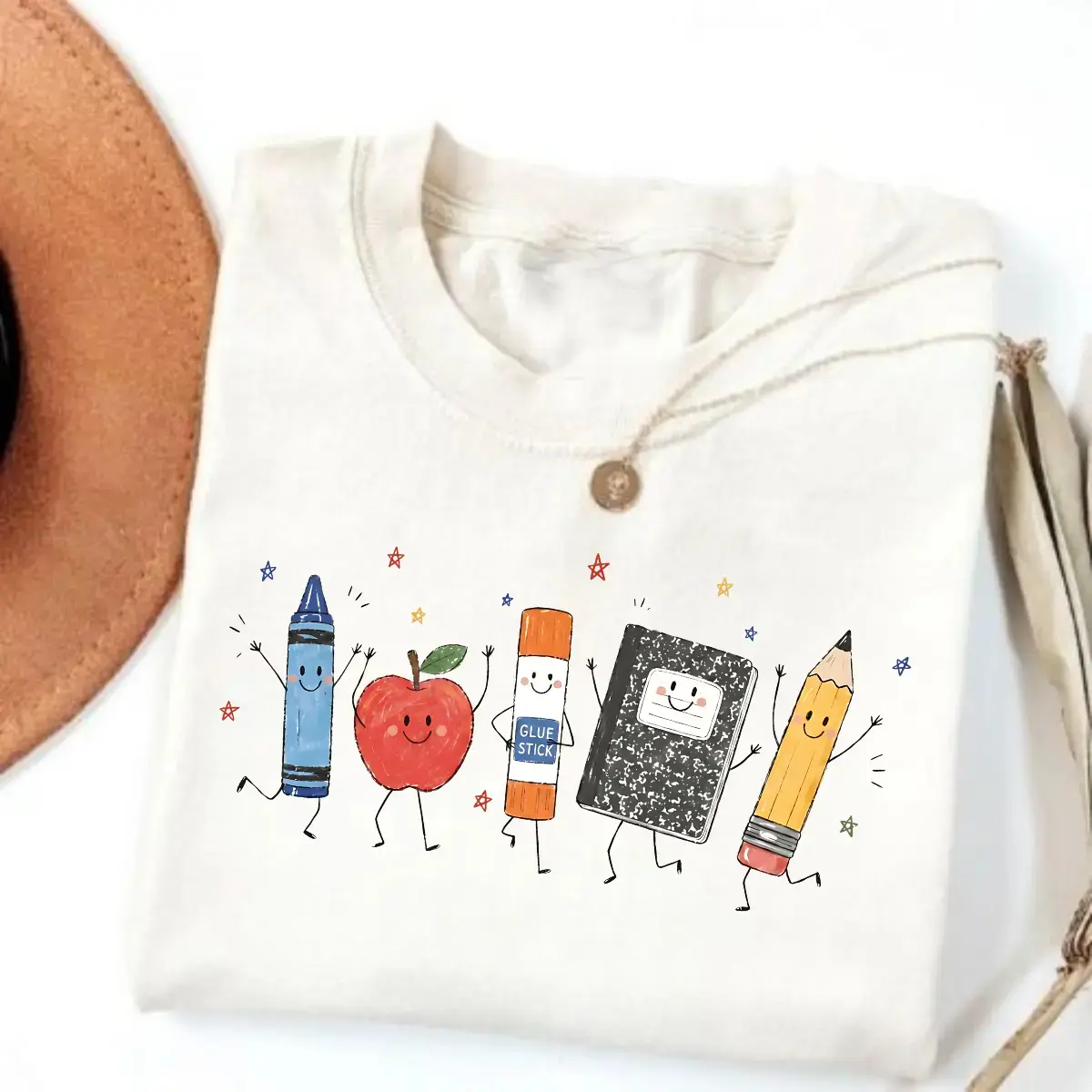 Cute School Supplies Heritage Graphic Tee, Aesthetic Back To School Spirit Shirt, Radiant Teacher Crayon Apple Pencil Notebook Top, Thoughtful Classroom Sublimation Gift Boutique Heritage Apparel