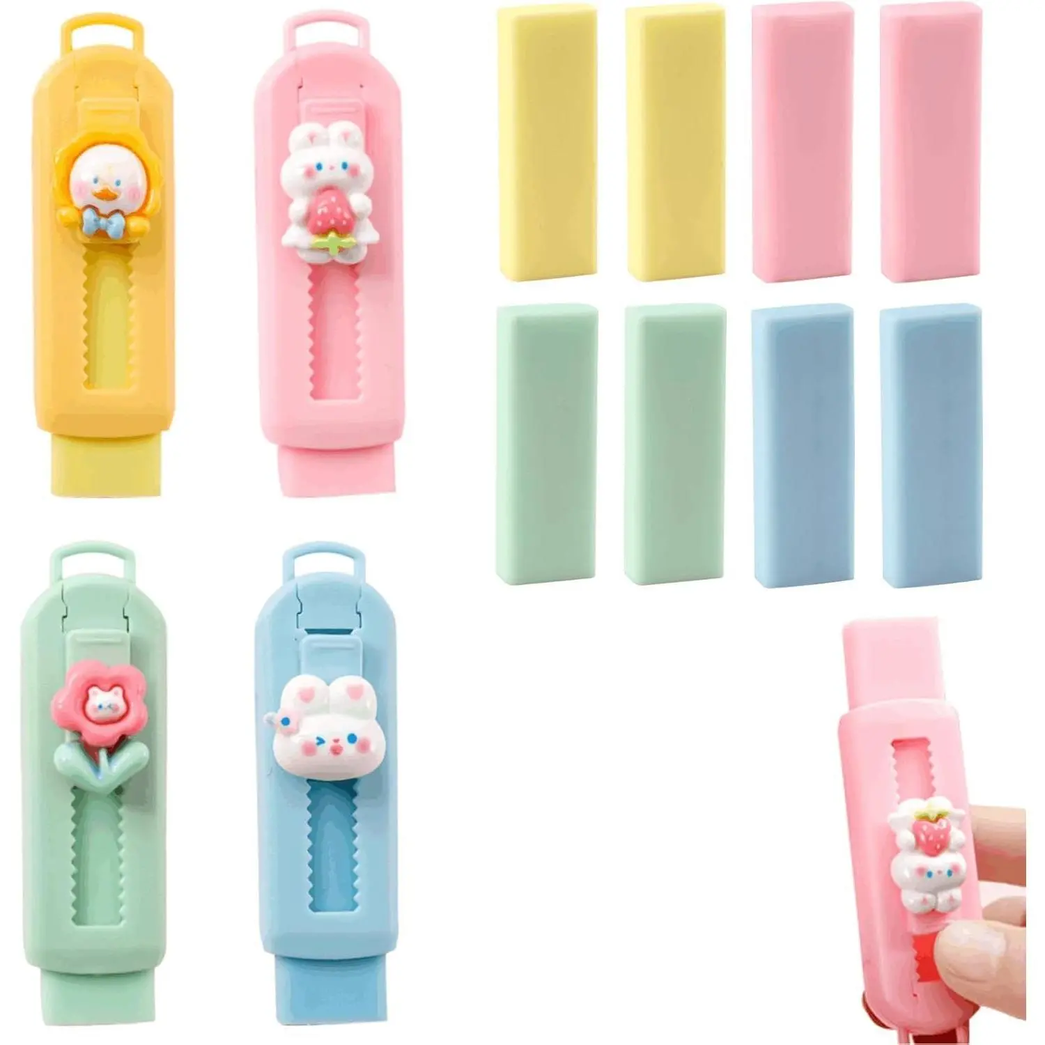 Sliding Retractable Eraser, 4 Color Push Pull Erasers and 8 Refills,  Erasers for Pencils Drawing(C)