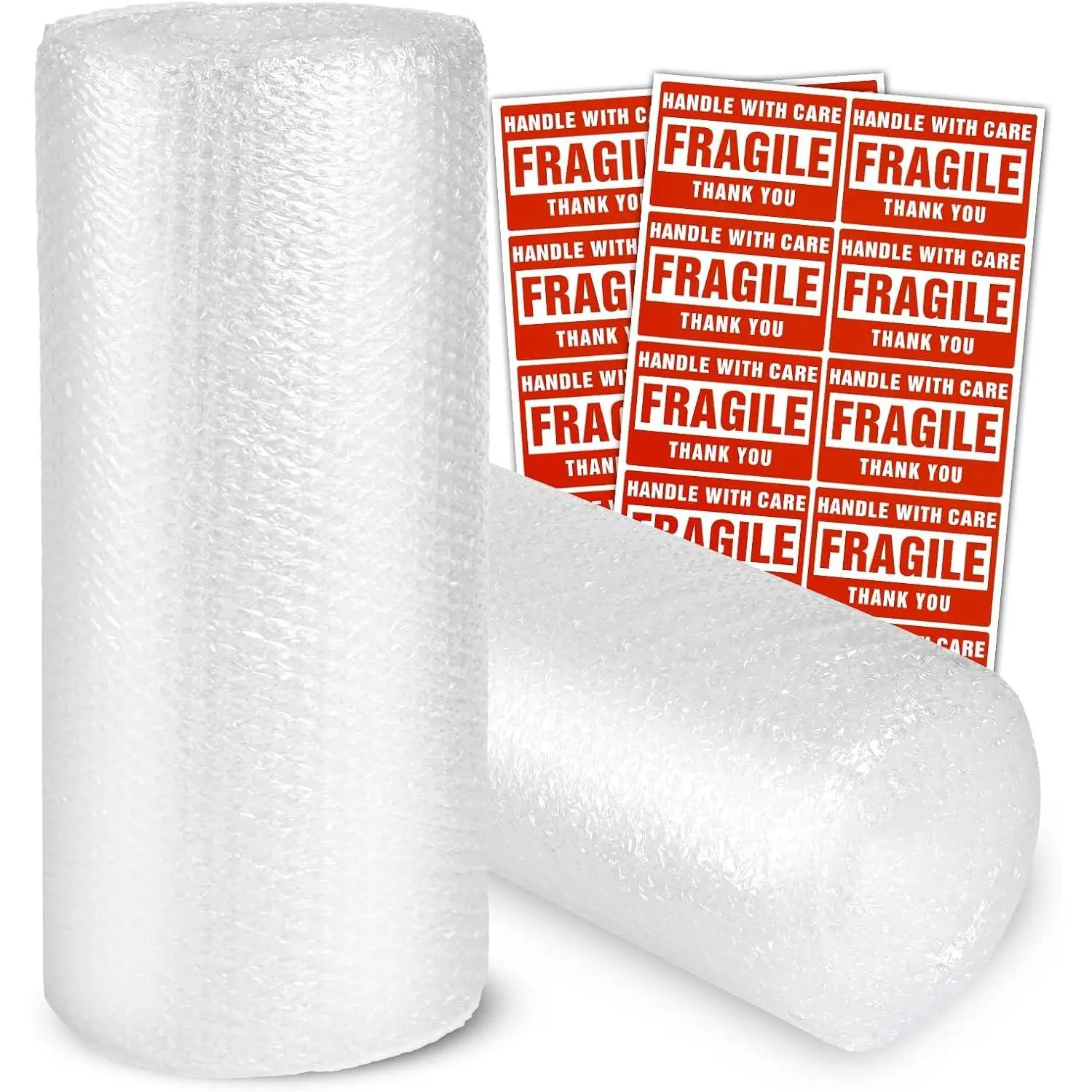 Bubble Wrap Cushioning Rolls (2-Pack), 3/16"x17"x72' Total Length, Perforated, with 20 Fragile Stickers for Shipping, Packaging