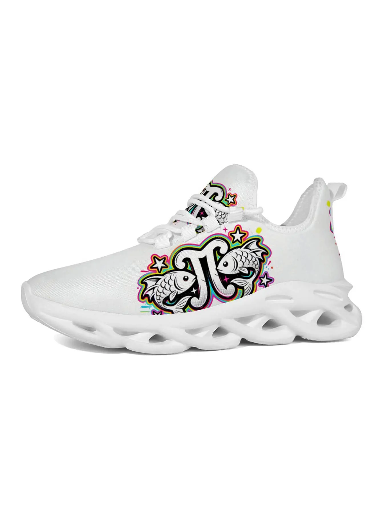 Pisces Zodiac Sneakers, Streetwear Fashion Sports Shoes, Rainbow Gradient Print, Hollow Out Tech Sole, Versatile for Fitness and Parties