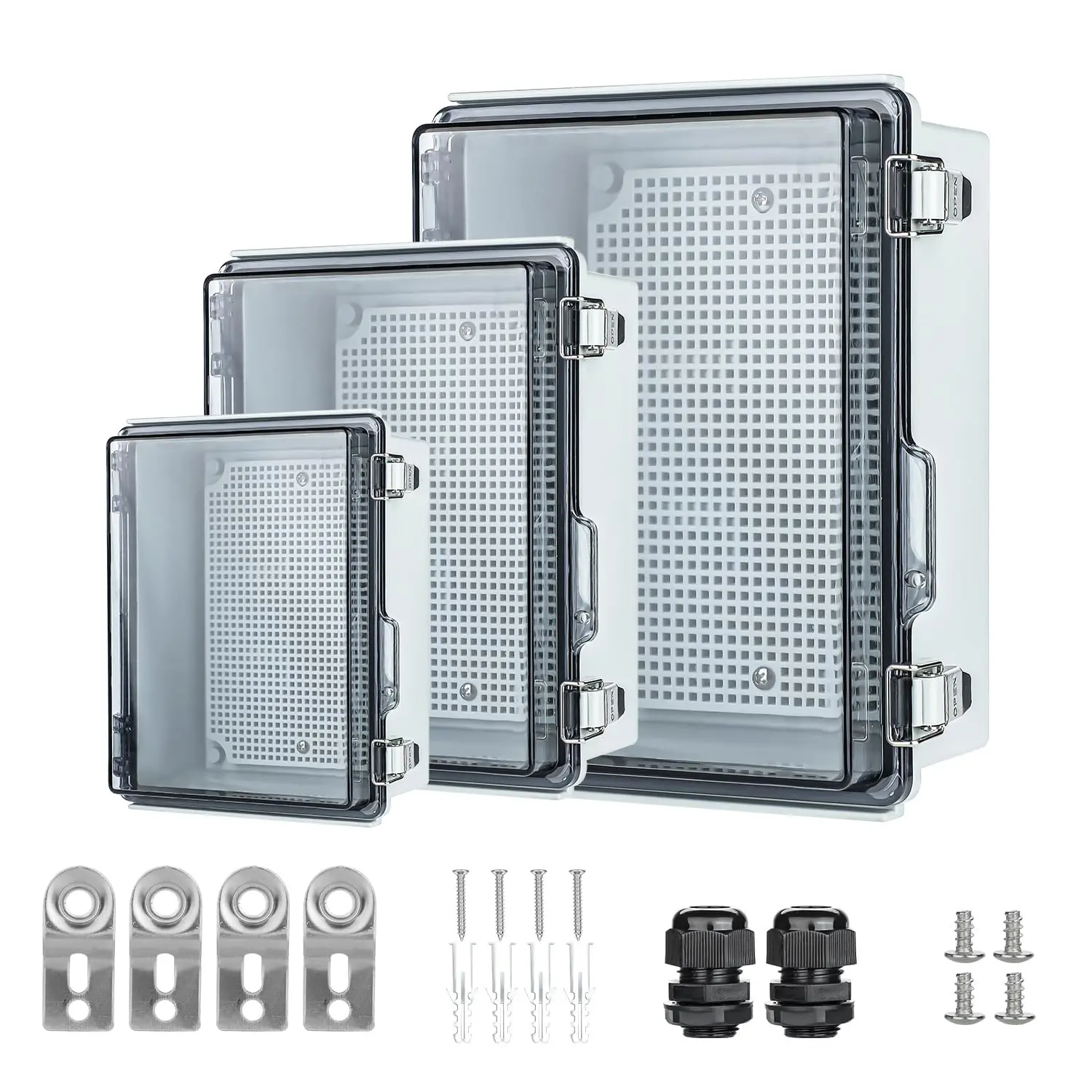 Small Waterproof Electrical Junction Box， IP67 Waterproof Clear ABS Plastic Enclosure Boxes for Outdoor Garden with Hinged Cover, Mounting Plate, Wall Brackets, Cable Glands (8.7"x6.7"x4.3")
