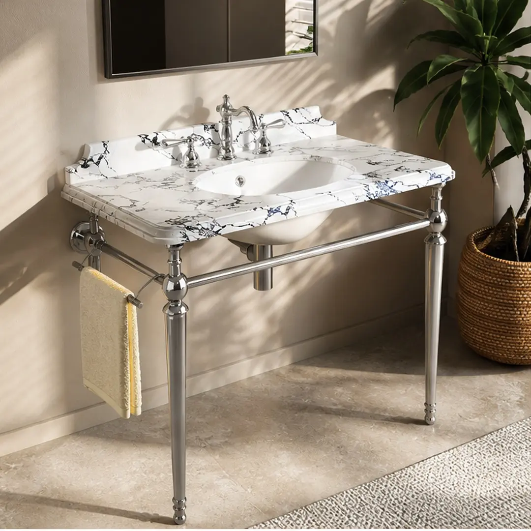 ARCH 36-Inch Bathroom Console Sink Vanity Set, Undermount Ceramic Basin with Artificial Marble Countertop, 3 Pre-Drilled Faucet Holes, Freestanding Stainless Steel Legs with Towel Bar, Multiple Color Options, White/Chrome/Gold, Carrara White/Chrome/G