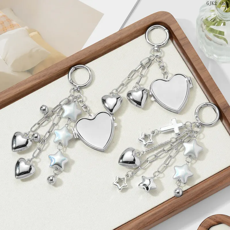 Silver Heart Photo Locket Bag Charm & Phone Charm, Star Cross Tassel Keychain Backpack Pendant