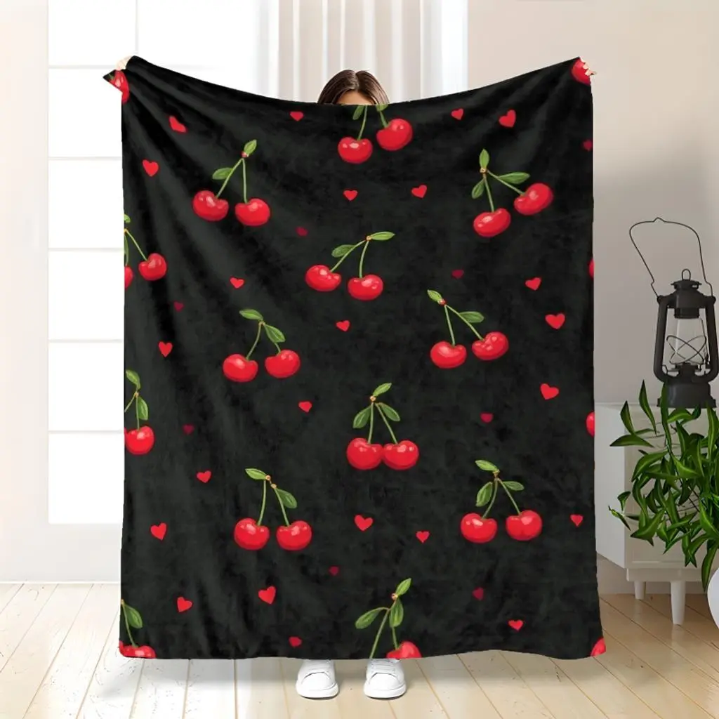 Ultra-Soft Flannel Flannel Cherry Pattern Blanket with Red Cherries & Black Hearts, Plush Warm All-Season Throw for Home Office Travel Sofa Bed, Modern Luxury Decorative Gift for Women &Back-to-School Gift,All Season Throw for Bedroom Bed Sofa Couch Livi