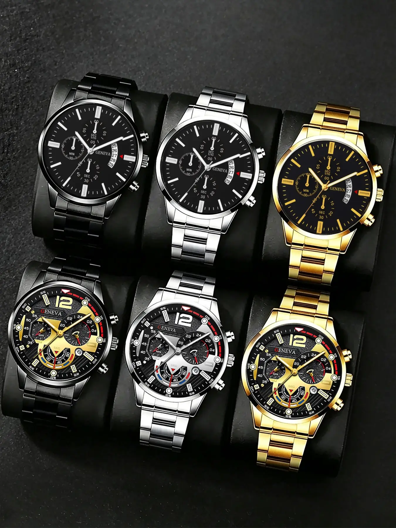 6pcs Men's Business Style Steel Band Analog Quartz Watch Set, Calendar Function, Perfect Gift for Christmas, Halloween, Birthday