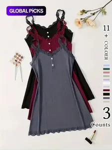 Women's Plain Buttons Contrast Lace Cami Nightdress, Elegant Sleeveless Nightgown, Comfy Sleepwear for Summer