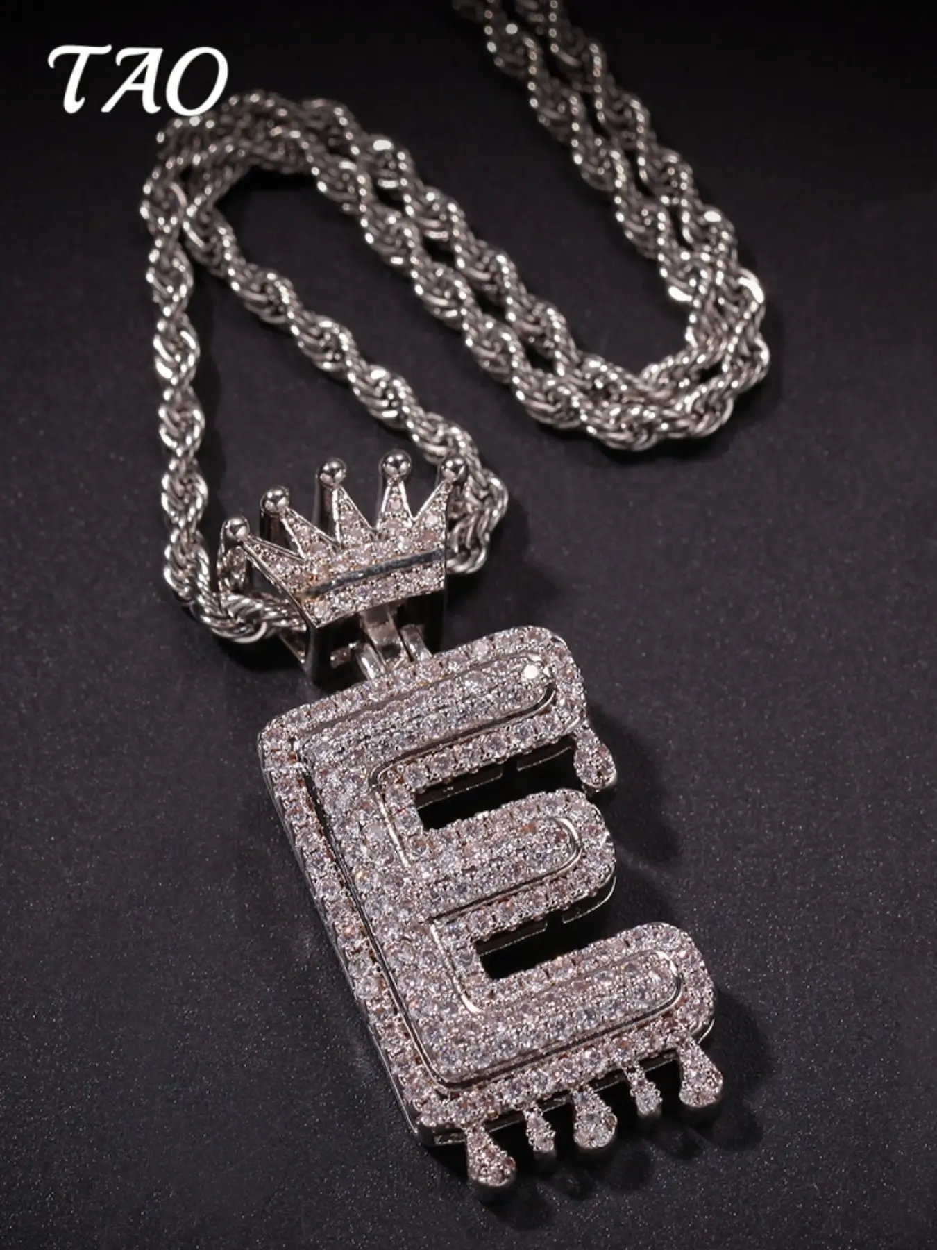 TAO-Creative Zircon Crown Teardrop Necklace, A-Z Letter Pendants, 24-Inch Braided Chain, Hip Hop Style, Luxurious and Versatile, Costume Jewelry Necklace