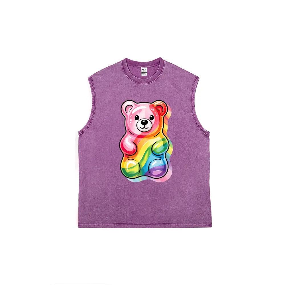 Vintage Washed Tank Top with Retro Gummy Bear Graphic, Unisex 100% Cotton Fabric, Loose Fit Streetwear for Everyday Wear, Comfortable