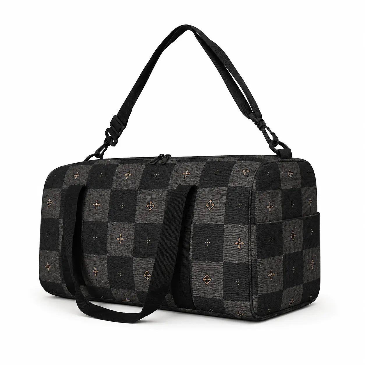 Checkerboard Plaid Travel Duffel Bag, Black Gray Weekender Bag with Side Pocket, Lightweight Large Capacity Gym Bag with Handles and Adjustable Shoulder Strap for Travel Overnight Sports