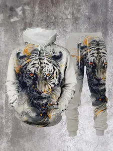 New Traditional Art Tiger Full Set, Elegant Ink Wash Tiger Head Drawstring Hoodie, Casual Sports Pants, Fall & Winter Wear