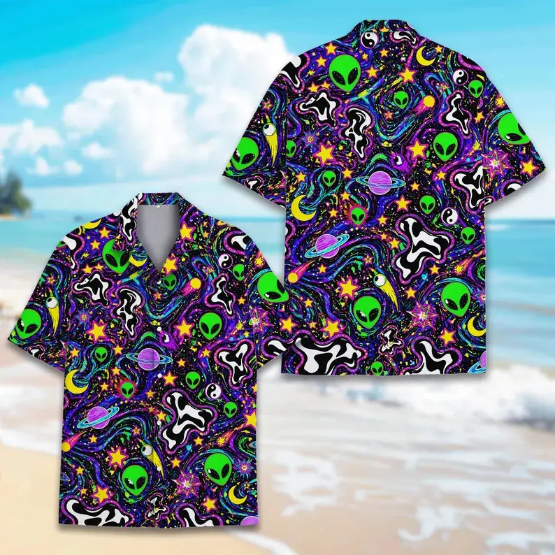Alien Hawaiian Shirt, Neon Alien UFO Shirt, Space Galaxy Print Button Up Shirt, Sci-fi Theme Gift Shirt, Summer Vacation Outfit