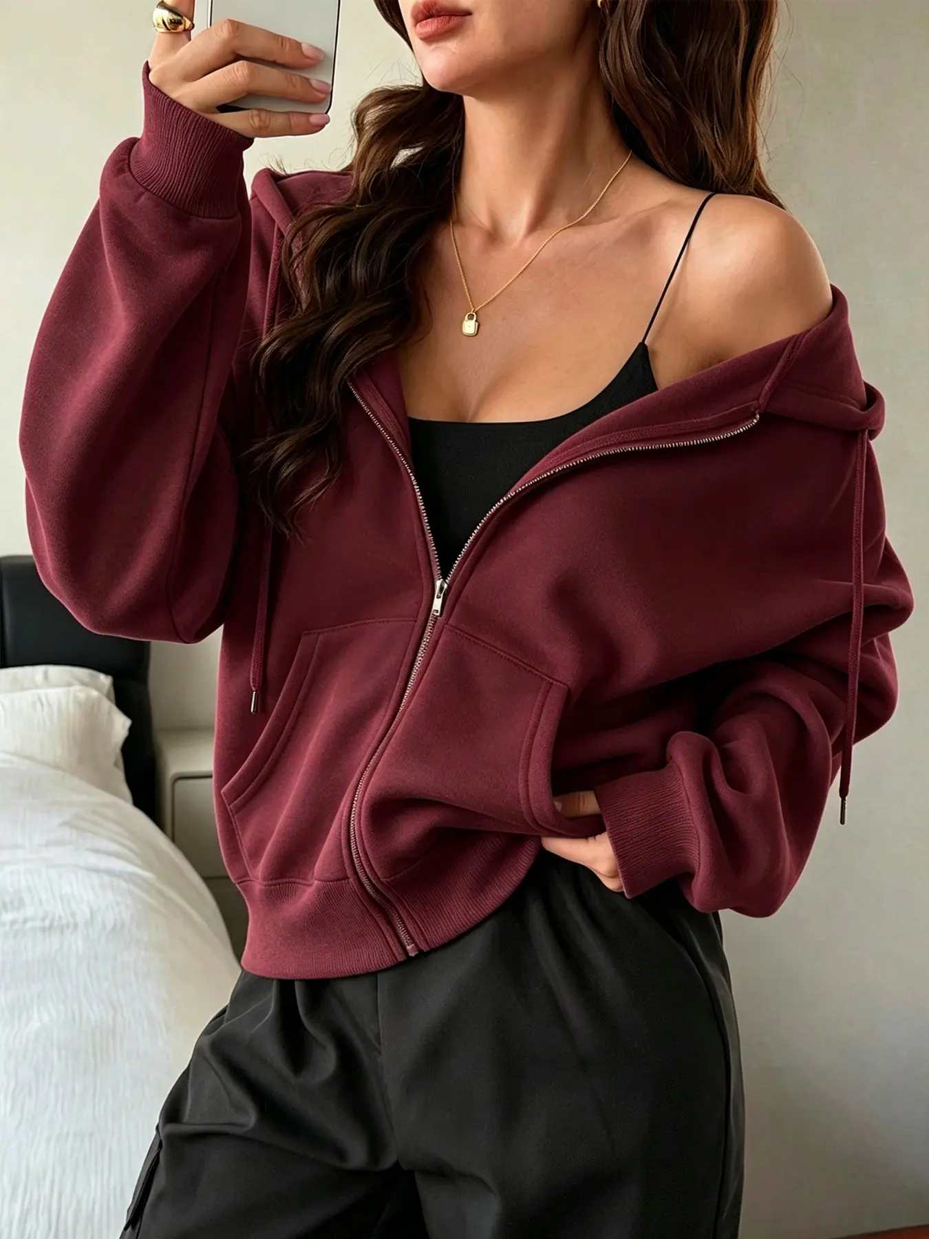Women's Solid Color Open Front Long Sleeve Hooded Sweatshirt, Casual Fashionable Pullover, Comfortable Daily Wear, Perfect for All Seasons