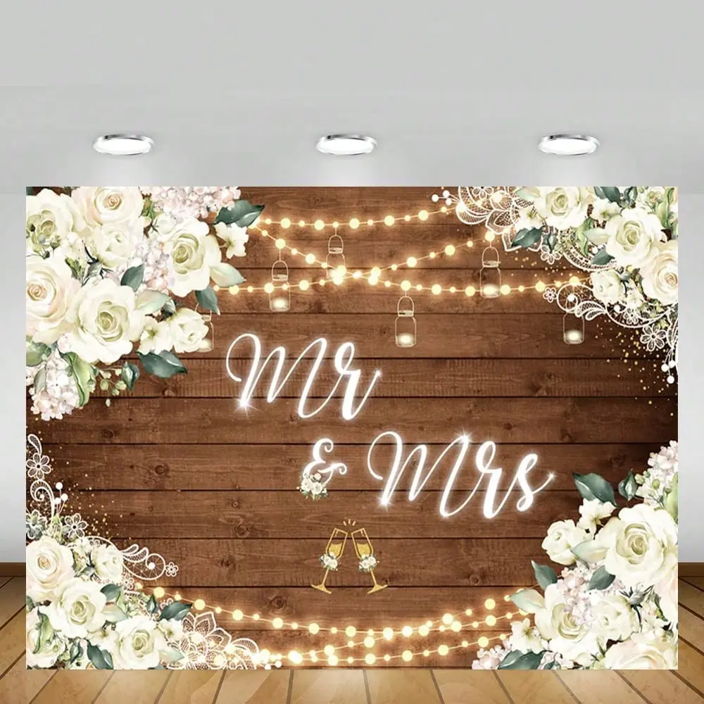 Rustic Wooden Board Wedding Backdrop for Bridal Shower, Mr & Mrs Design with White Flower-Lace Border, String Lights, Mason Jars, Lightweight Souvenir Photo Background Tapestry (Festive Party Supplies), Farmhouse