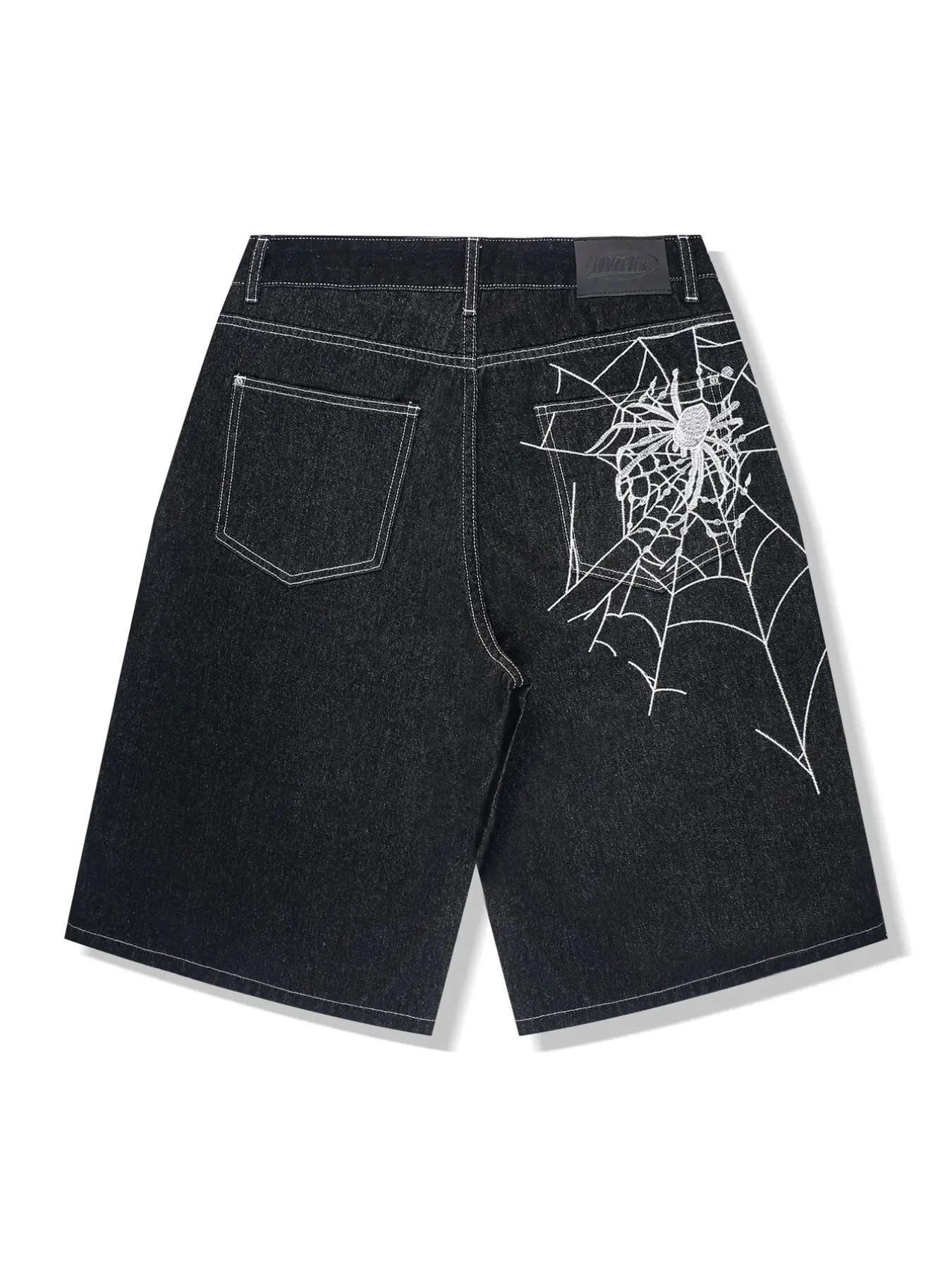 Men's New Summer Fashion High Street Streetwear Star Pattern Embroidered Spider Web Loose Fit Jeans Shorts, Casual Loose-Fitting Denim Jeans for Summer