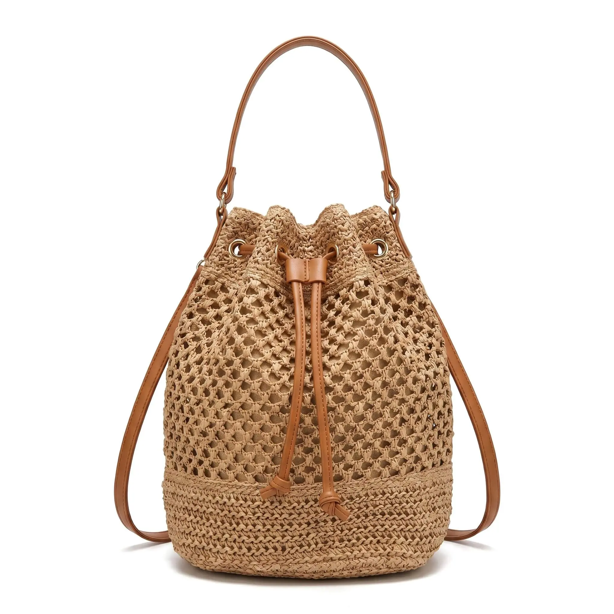 Women's Summer Large-Capacity Woven Straw Bucket Bag - Y2K Rustic-Chic Openwork Handbag with Drawstring, Effortless Chic Casual Purse for Seaside Beach Vacations & Daily Outings Bohemian Crossbody Bag Beige Shoulder Bag