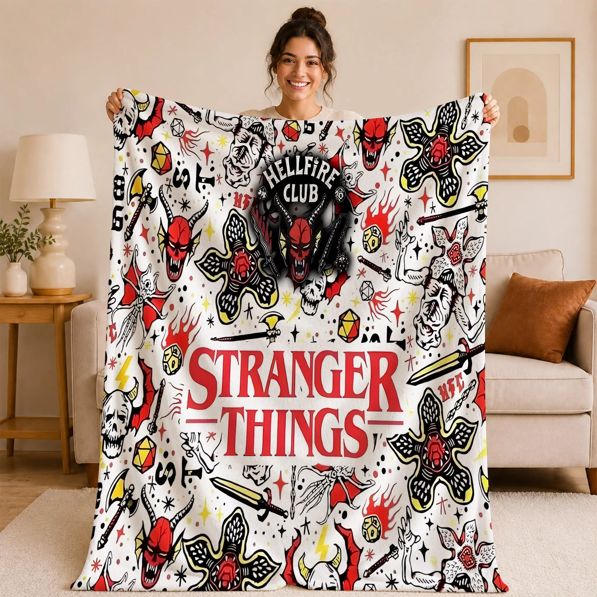 Stranger Things Flannel Fleece Blanket, Hellfire Club Demogorgon Pattern, Ultra-Soft Warm Throw, Couch Bed Living Room