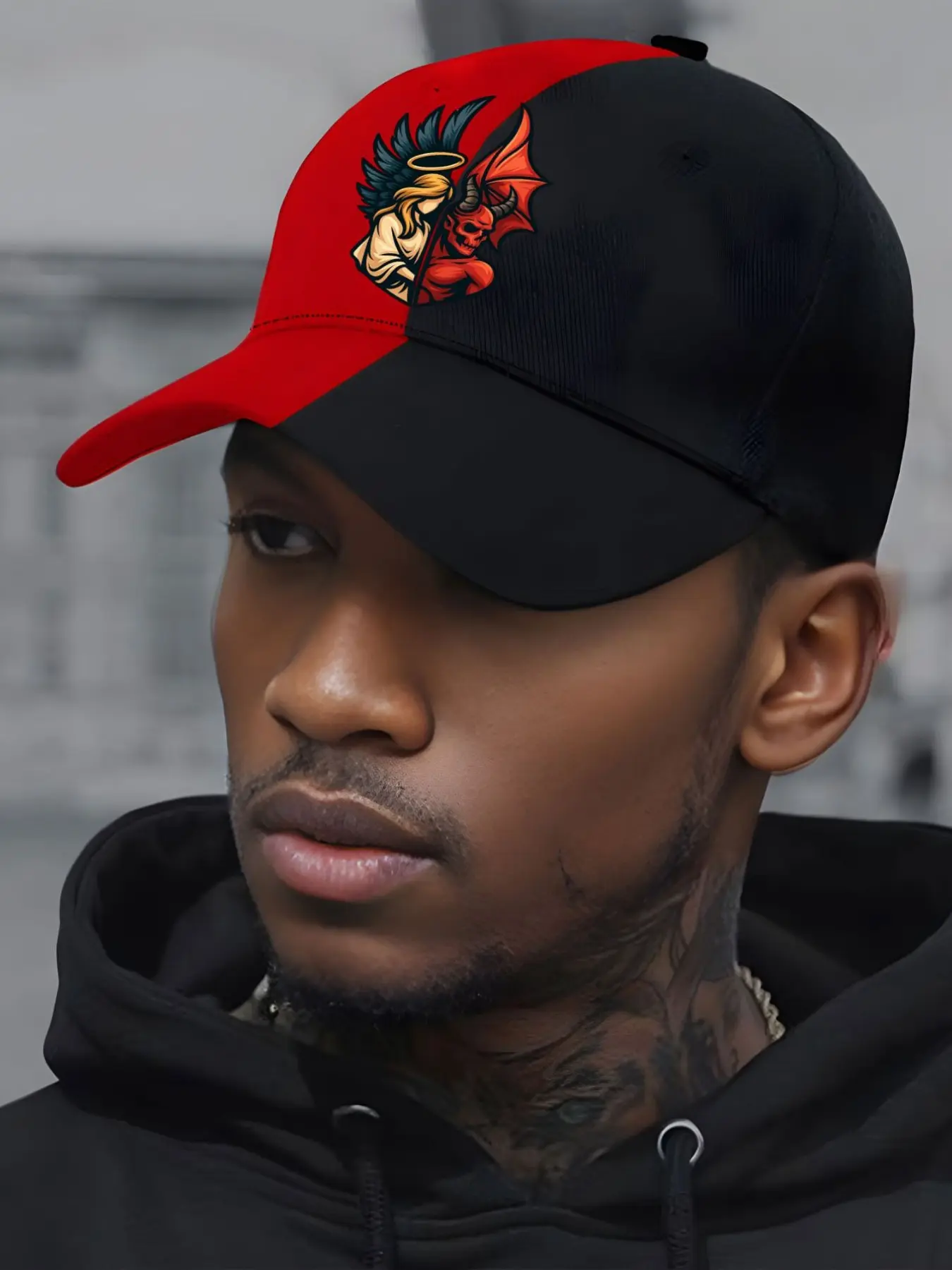 Angel & Devil Print Baseball Cap, Adjustable Street Fashion Graphic Hat, Unisex Loose-Fit Floral Pattern, Ideal for Daily Wear and Gifts