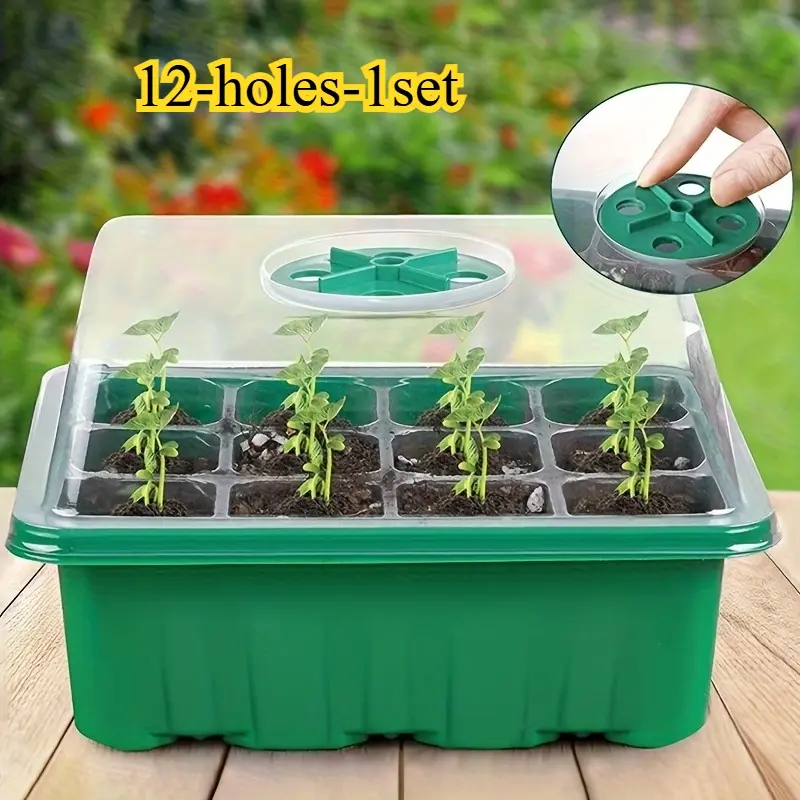 This is A Set of Seedling Trays With 12 Holes, Suitable for Growing Vegetables, Fresh Flowers, And Seedlings in Your Garden. This Set Includes A Lid, Insulation Layer, And Moisturizing Board to Ensure Optimal Germination Effect!