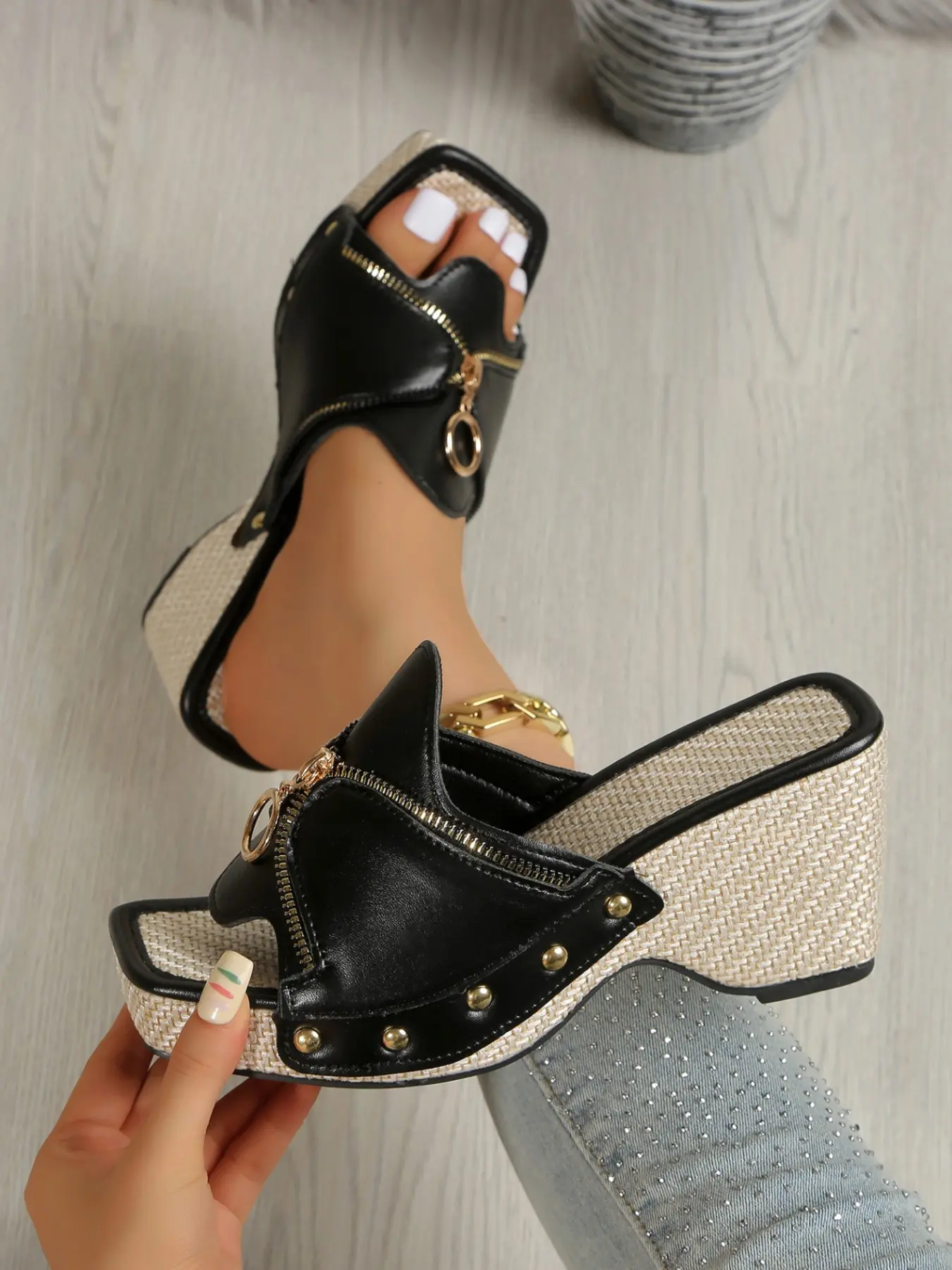 Women's Street Cool Zipper Rivet Espadrille Wedge Mules, Casual Wedge Sandals, Fashionable Wedge Sandals, Platform Square Toe Non Slip Open Toe Slip On Sandals for Shopping Date Footwear