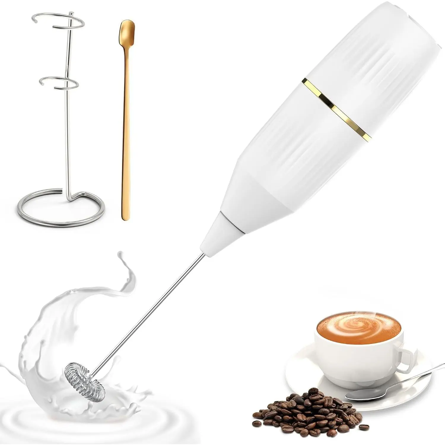 Handheld Milk Frother 14,000 RPM Drink Mixer Wand with Stand & Stirring Spoon Quiet -Button , Non-Slip Handle, Detachable Whisk  for Coffee, Lattes, Cappuccinos, Matcha (White)