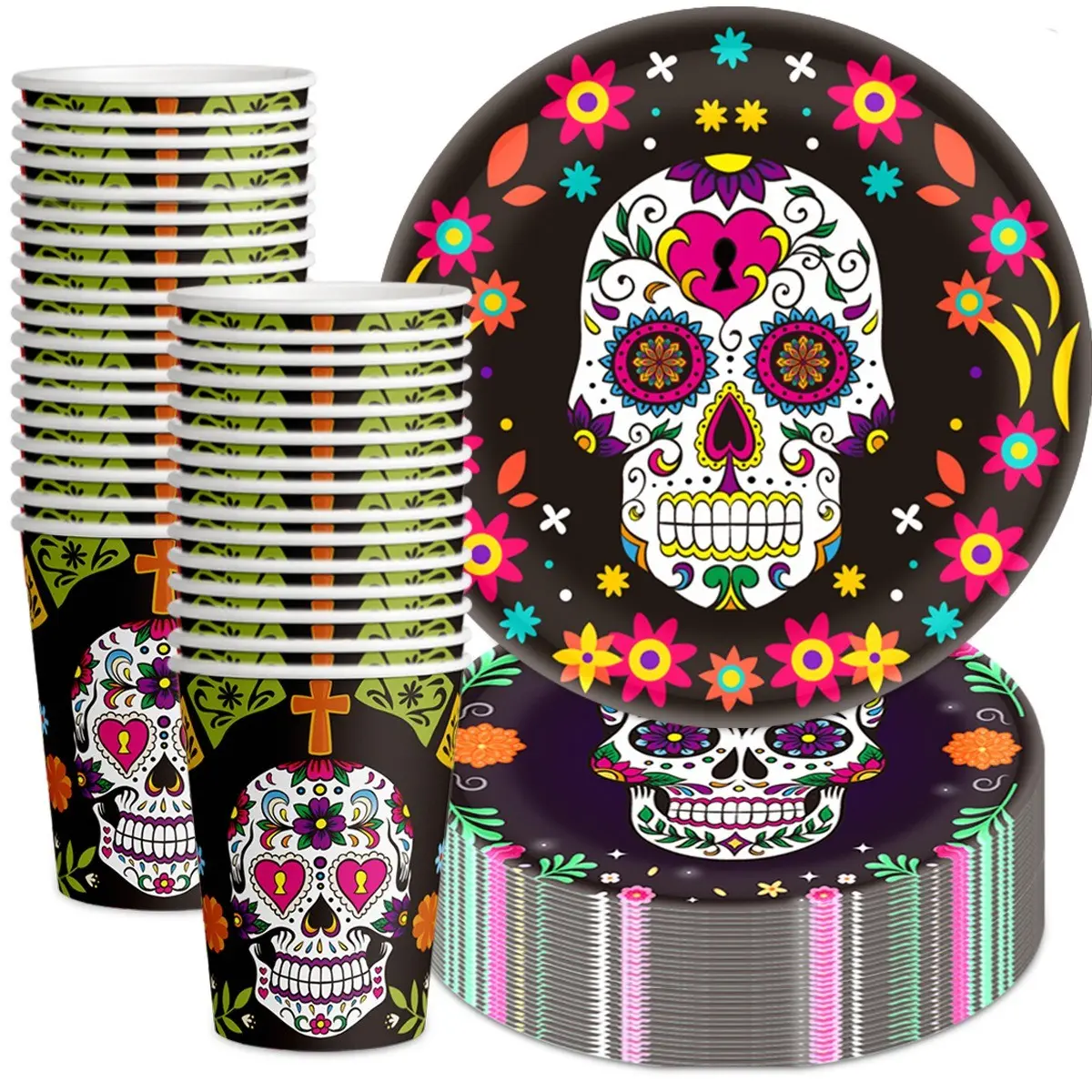 Halloween Disposable Skull Paper Cups and Plates Set, Party Supplies for Halloween Parties, Easy Cleanup Tableware