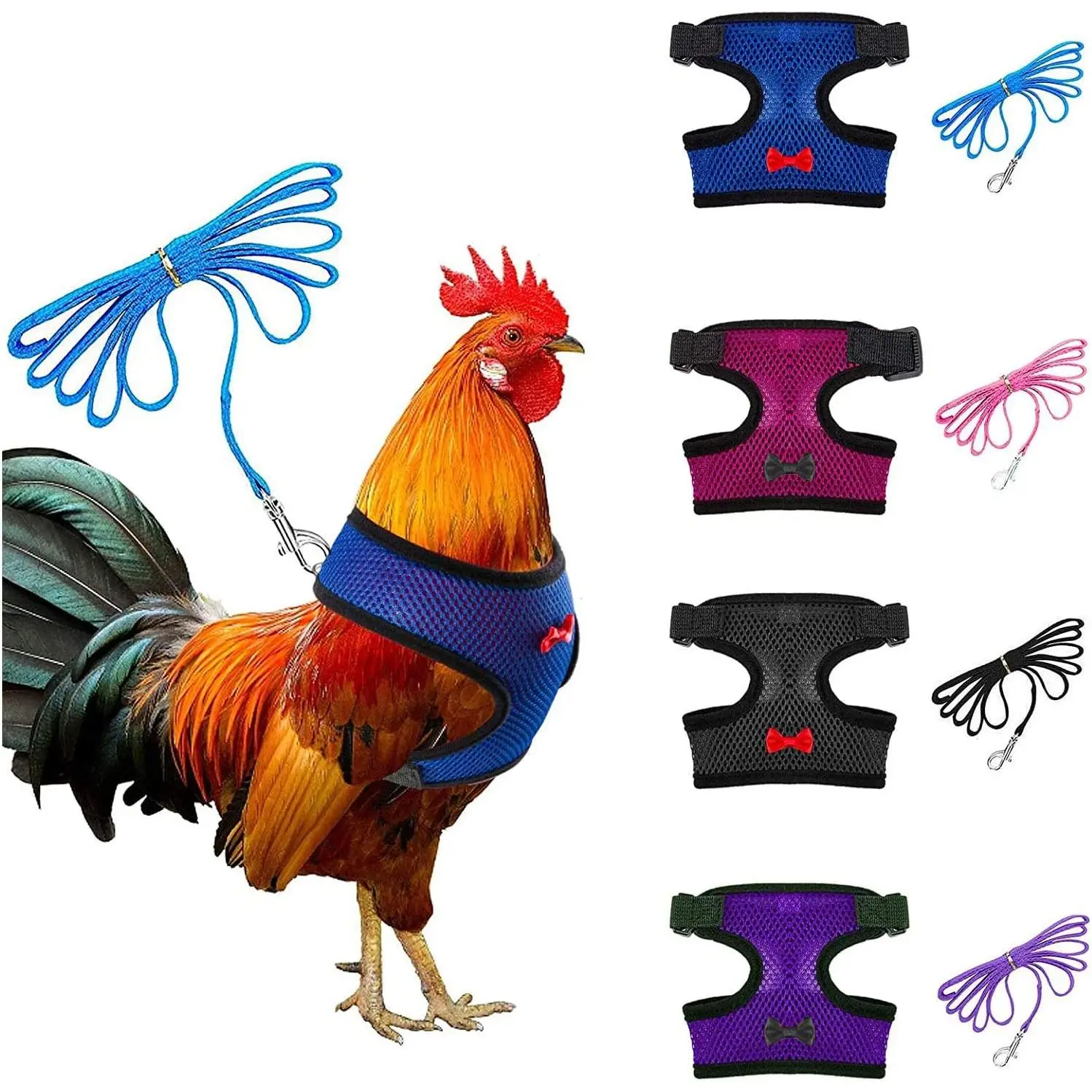 4 Pcs Lightweight Adjustable Nylon Chicken Harness with Leash - 4 Styles Comfortable Mesh Vest for 2.5-3.6 Lb Chickens, Geese, Ducks, Small Puppies, for Park & Garden Use, Goose