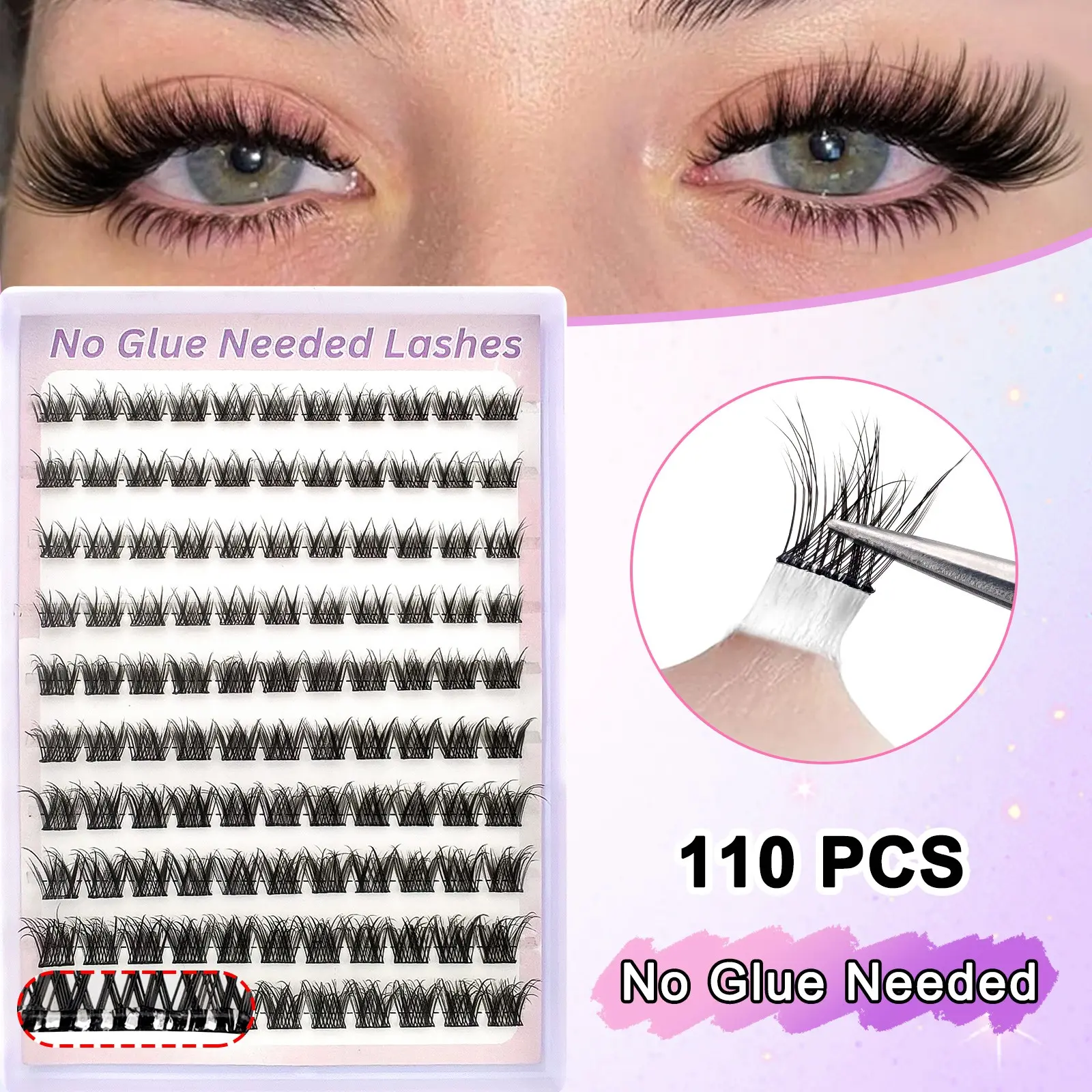 110 Pairs Self Adhesive False Eyelashes, 3D Volume Mixed Lengths 8-16mm, Natural D Curl, Anime Cosplay, Portable Travel Pack