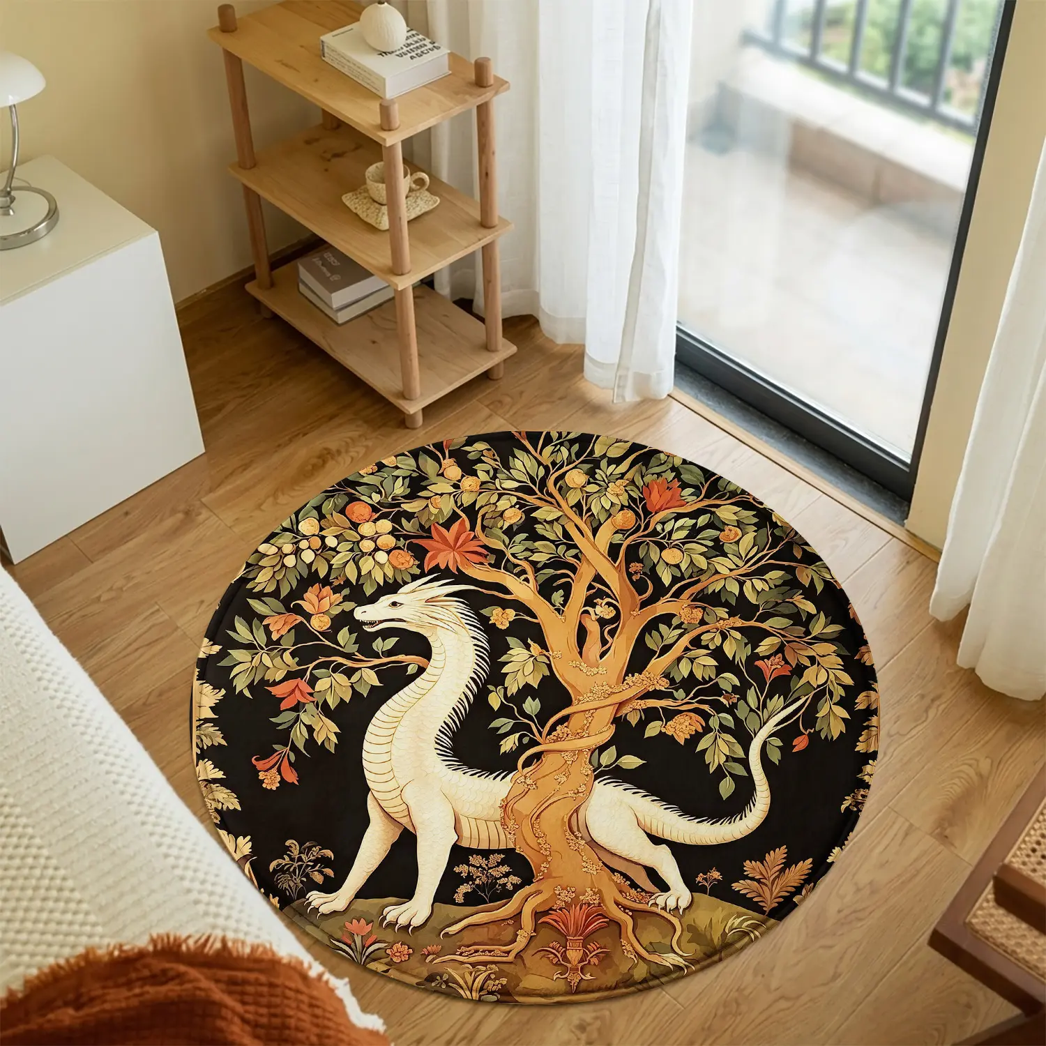 Round Dragon Area Rug Tree of Life Circular Floor Mat Medieval Vintage Welcome Carpet, Decorative Rug, Non Slip Bedroom Rug Botanical Home Decor Washable Living Room Rug for Indoor Outdoor Hallway Front Door Porch Entryway Office Carpet