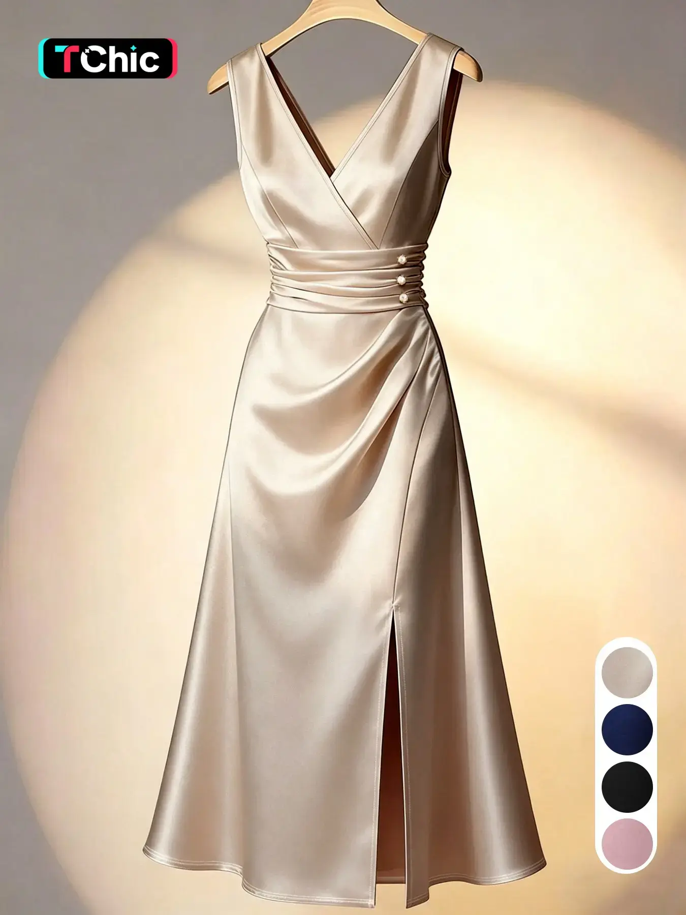Champagne V-Neck Midi Dress, Elegant Sleeveless Slim-Fit Dress, High-Waisted Waist-Cinch Dress, Summer New Arrival, Casual Office Wear