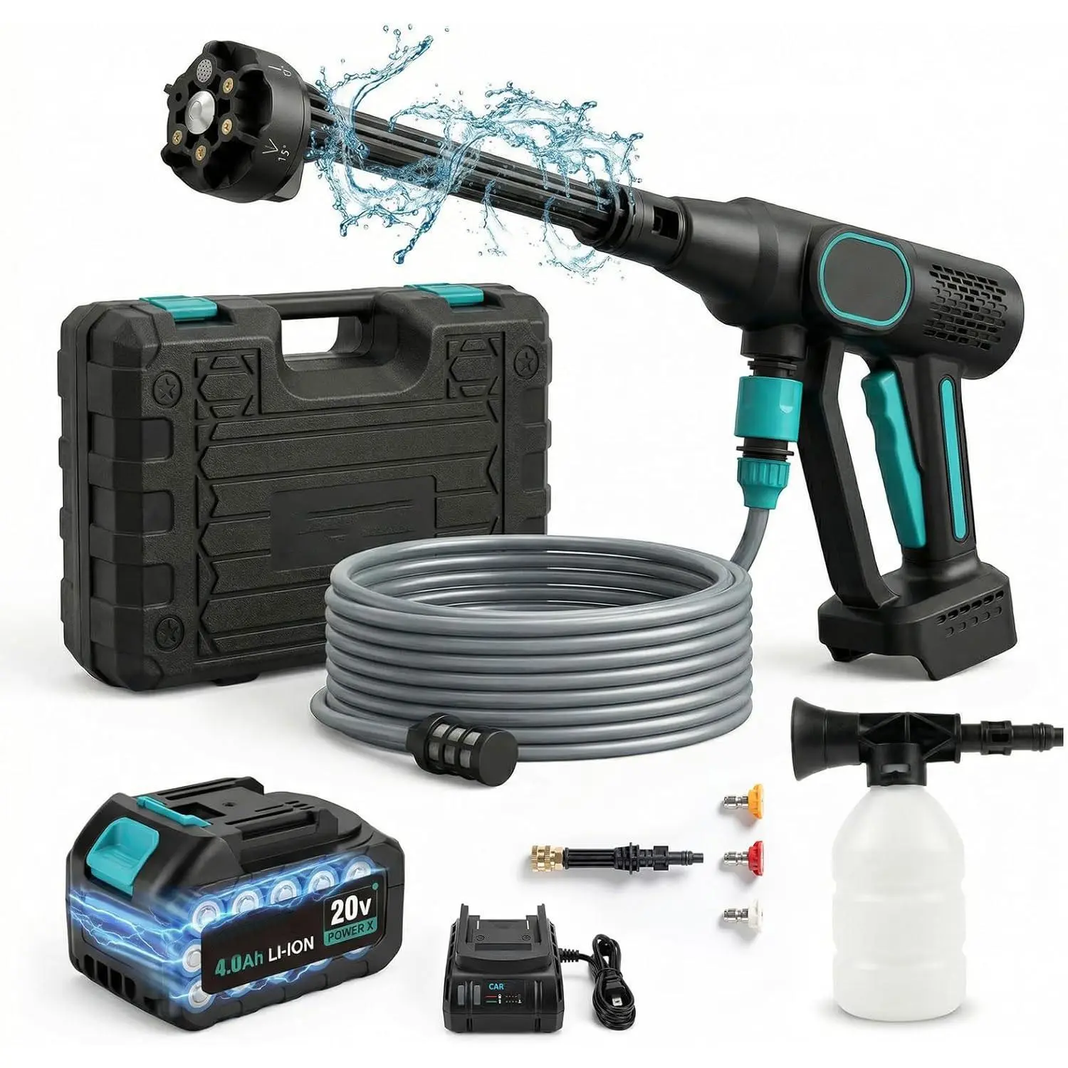 20V Cordless Portable Pressure Washer, Handheld Car Wash Power Washer with 6-in-1 Nozzle, Premium Storage Case, Powerful Water Flow, Foam Gun & Spray Gun Attachments, Car Wash Pressure Washer