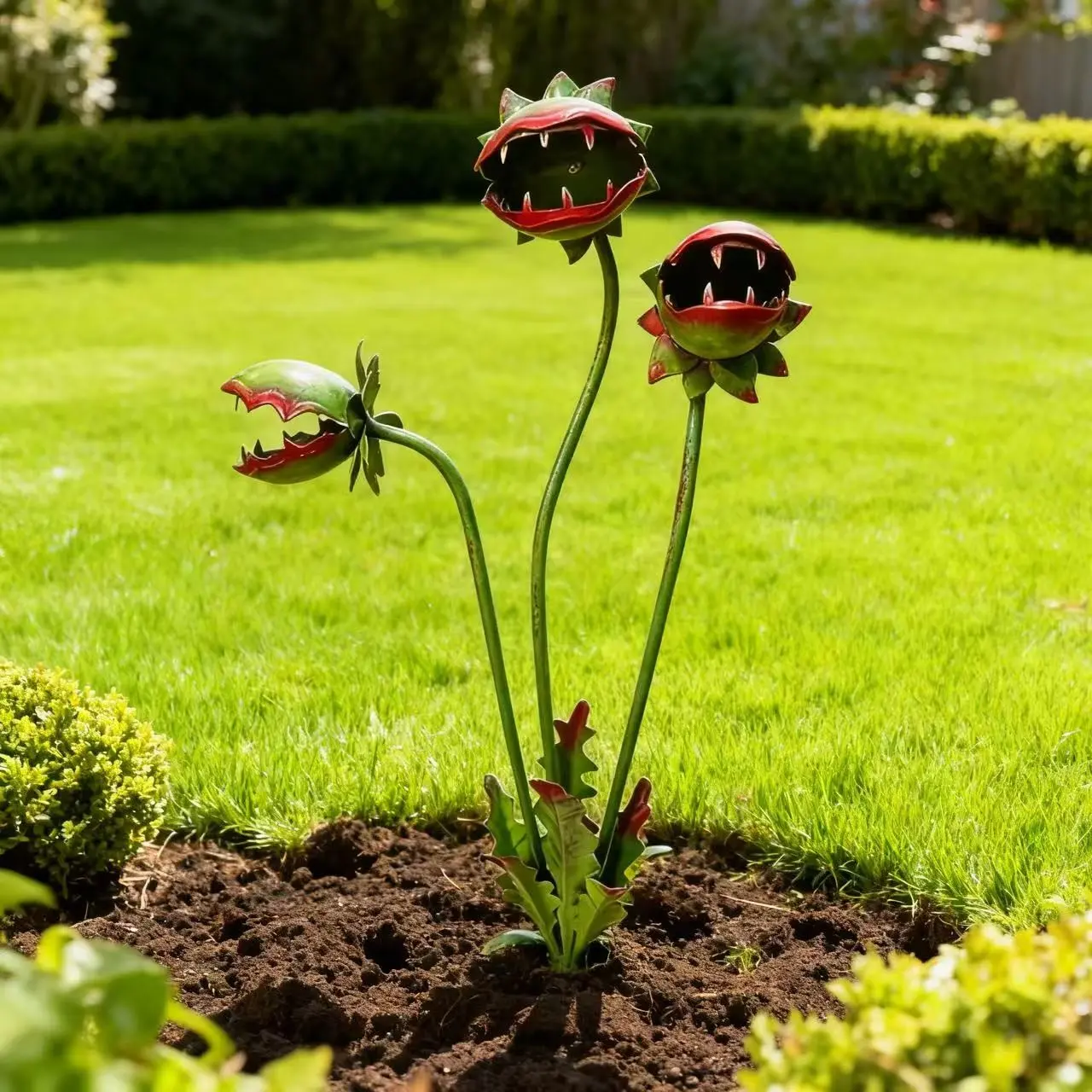 Whimsical Metal Carnivorous Plant Garden Decorative Stakes, Garden Plant Sculptures, Outdoor Garden Accessory, perfect as garden art for home yards, outdoor gardens, patios, spooky decorative ornaments ideal as gifts for Halloween and other holidays