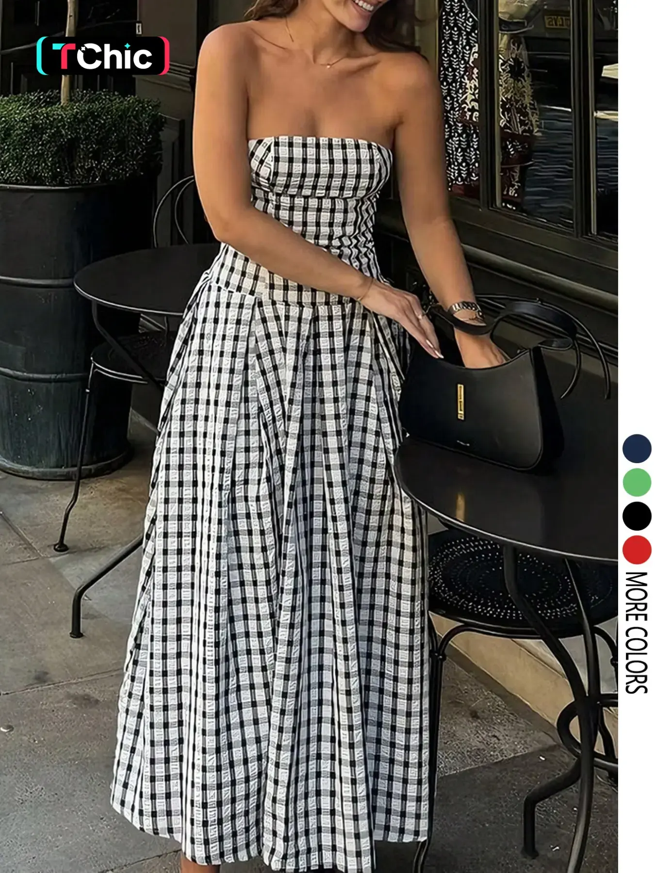 Women's Plaid Pleated Casual Chic Elegant Summer Strapless Maxi Tube Dress