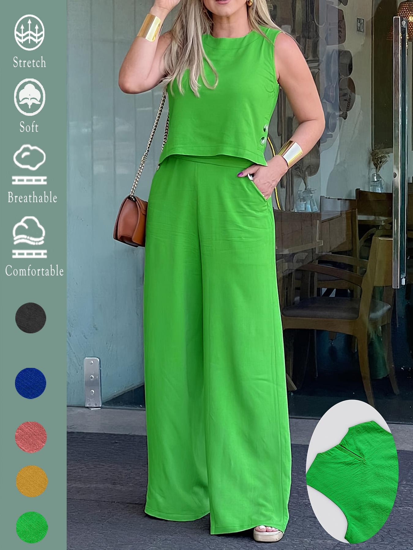 Women's Elegant Solid Color Loose Sleeveless Round Neck Wide Leg Pants Set 2pcs, Comfortable Summer Casual with Pockets for All Seasons, Stylish Set for Holiday & Daily Wear