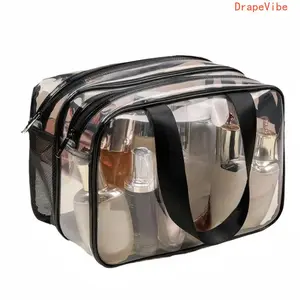 Clear PVC Waterproof Cosmetic Bag, Double Zipper Transparent Toiletry Pouch With Mesh Pocket For Travel Storage