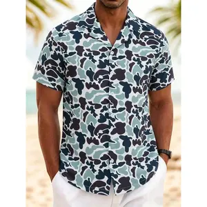 Men's Camo Pattern Cuban Collar Short Sleeve Shirt, Camouflage Casual Streetwear Hawaiian Tropical Beach Top For Daily Wear & Summer Holiday Looks