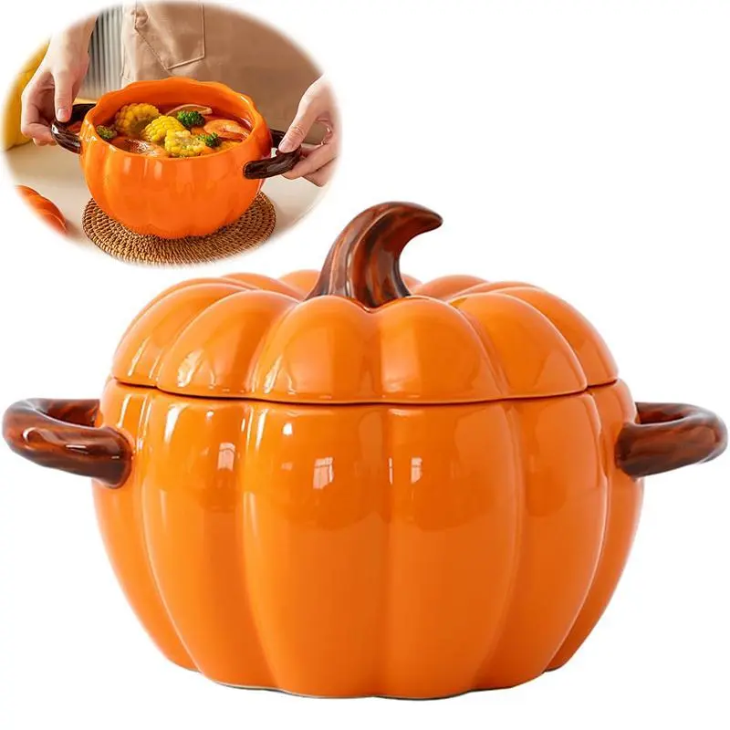 Ceramic Pumpkin Pot, Dutch Oven with Lid, Ceramic Pumpkin Dessert Casserole Dish, Mini Baking Tray, and Cute Pumpkin Bowls, Ceramic Cookware, Perfect for Baking, Desserts, and Serving Snacks and Candies. An Ideal Gift for Family and Friends.