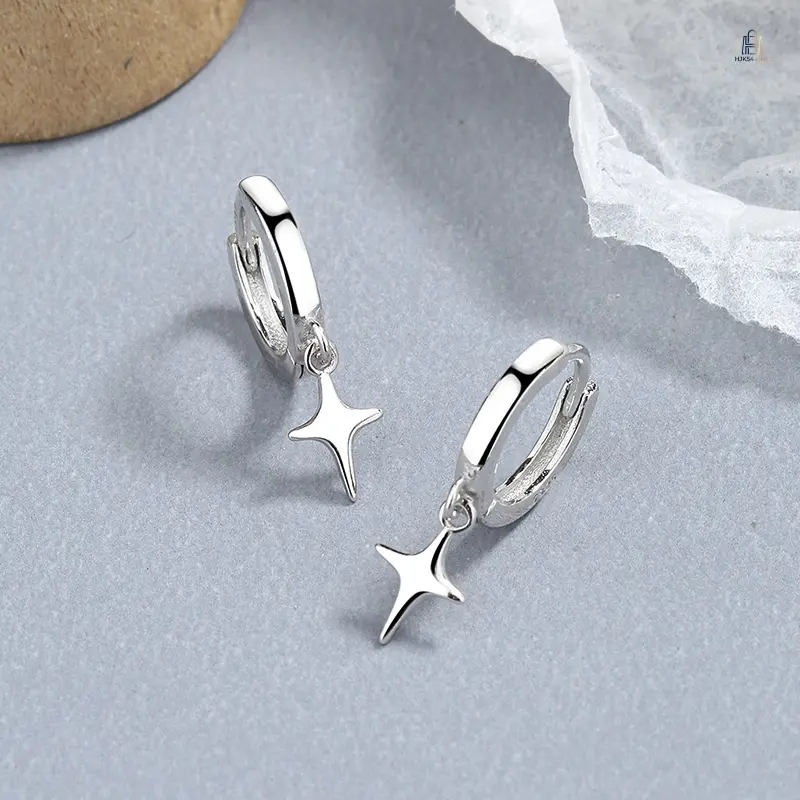 Star Dangle Hoop Earrings Minimal 4 Point Star Earrings Cool Aesthetic Tiny Star Drop Earrings Trendy Daily Streetwear Jewelry Gift For Women Girls