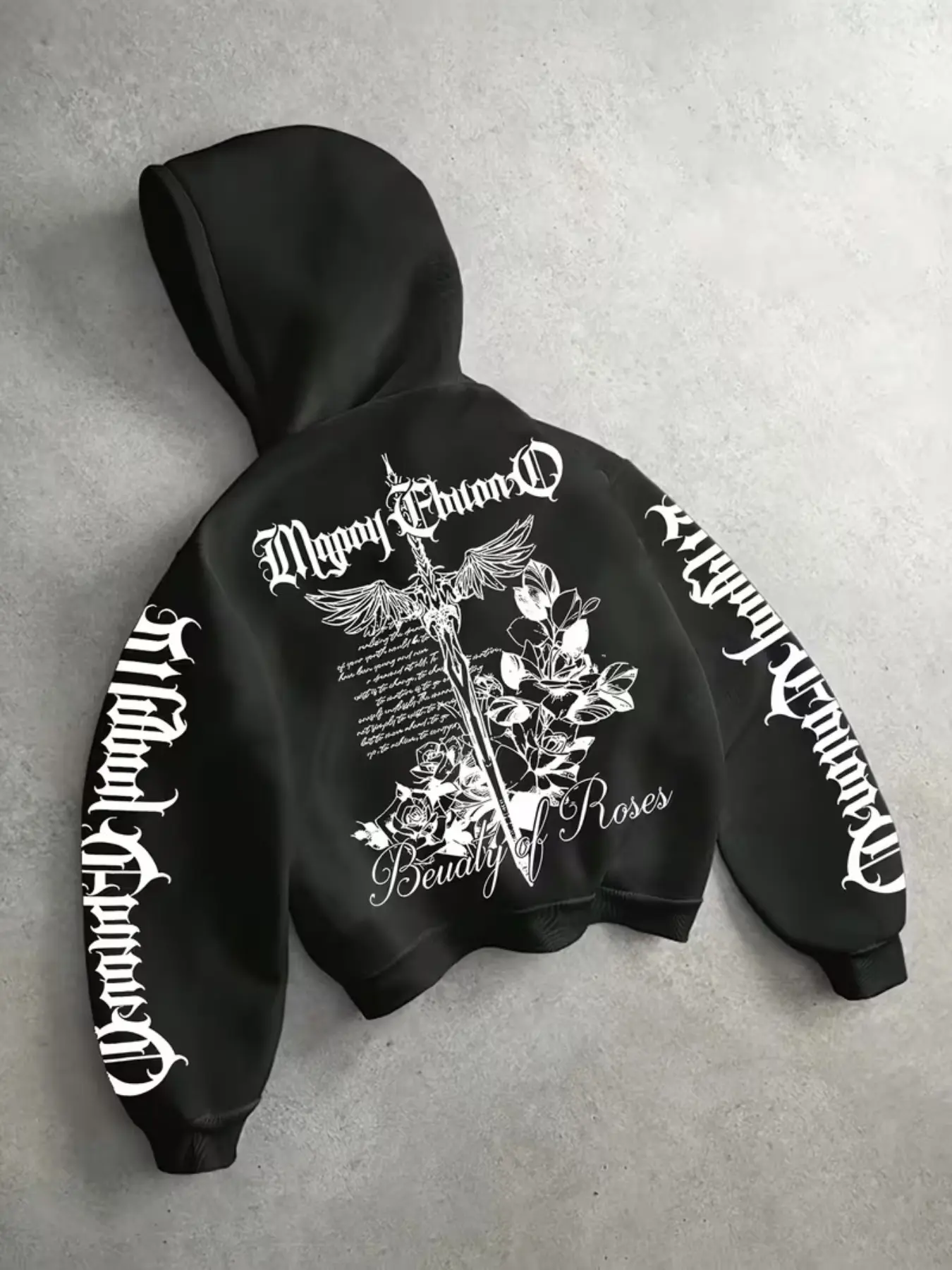 Dark Gothic Sword Rose Print Hoodie, Unique High Street Wing Letter Long Sleeve Sweatshirt, Casual Fitted Fall & Winter Apparel
