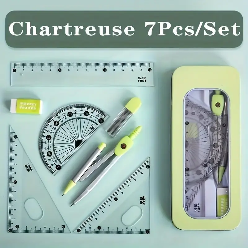 7-In-1 Measuring And Drawing Tool Set • A Durable • Perfect for Students And Professionals • Ensuring Accuracy And Portability • Including a Compass, Protractor, Ruler, And Eraser