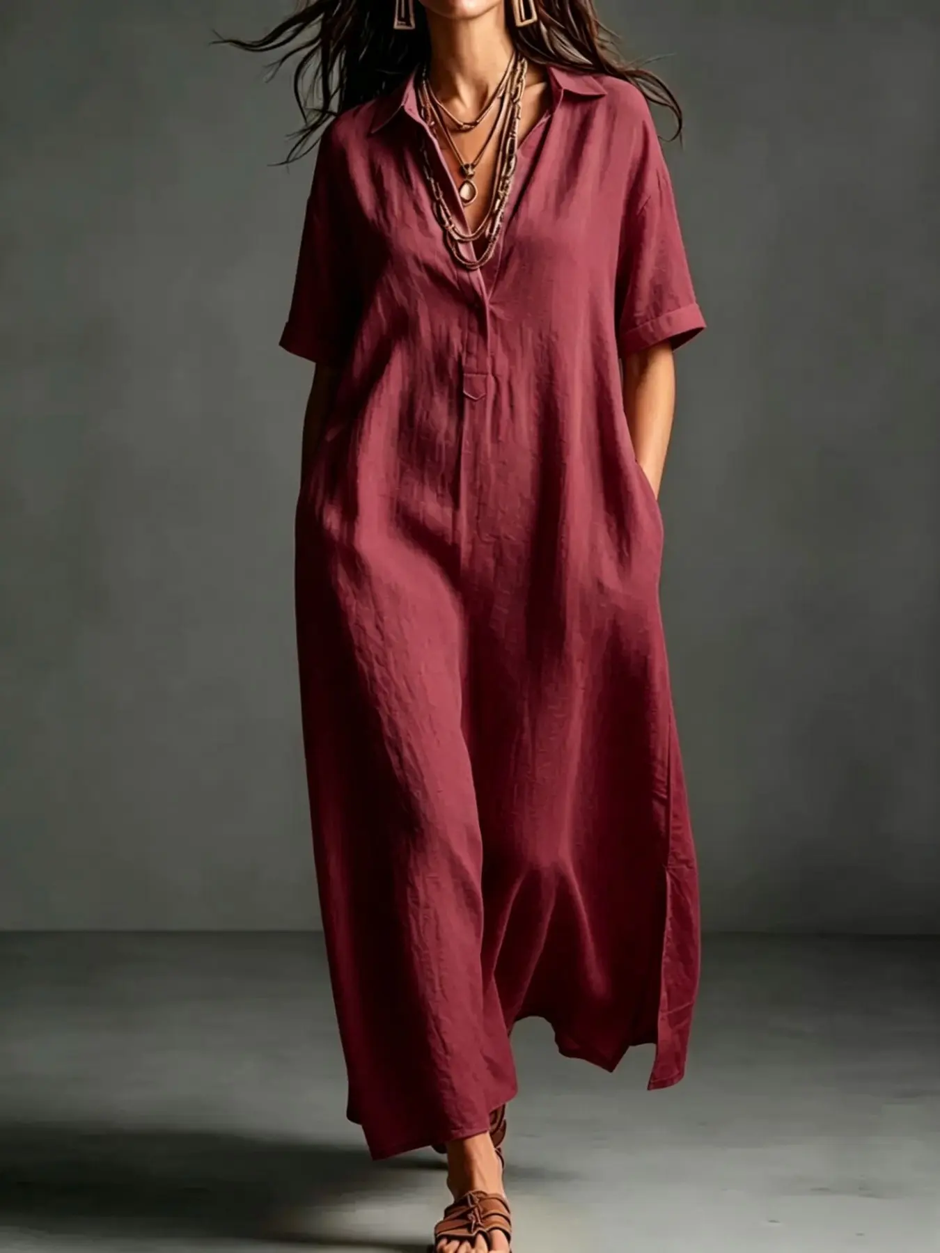 Women's Loose Linen Shirt Dress, Ultimate Comfort Slimming Summer Style, Boho Long Dress, Plain Surface, Lightweight & Breathable