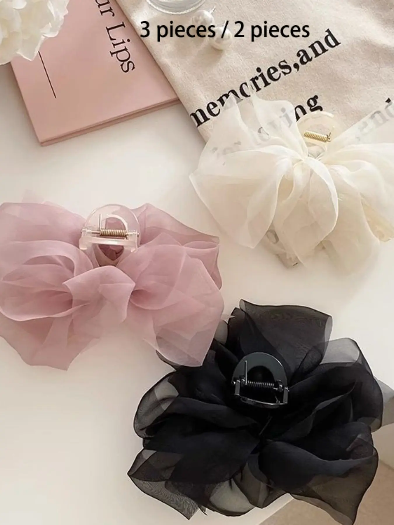3 Piece/2 Piece Set Soft Silk Bow Hair Clips, Fairy Net Fishnet Large Shark Clip, Princess Headwear Accessories, Elegant Hair Jewelry for Women, Barrettes Hair Clips, Hair Decor, Super Cute Clips, Decorative Hair Clips