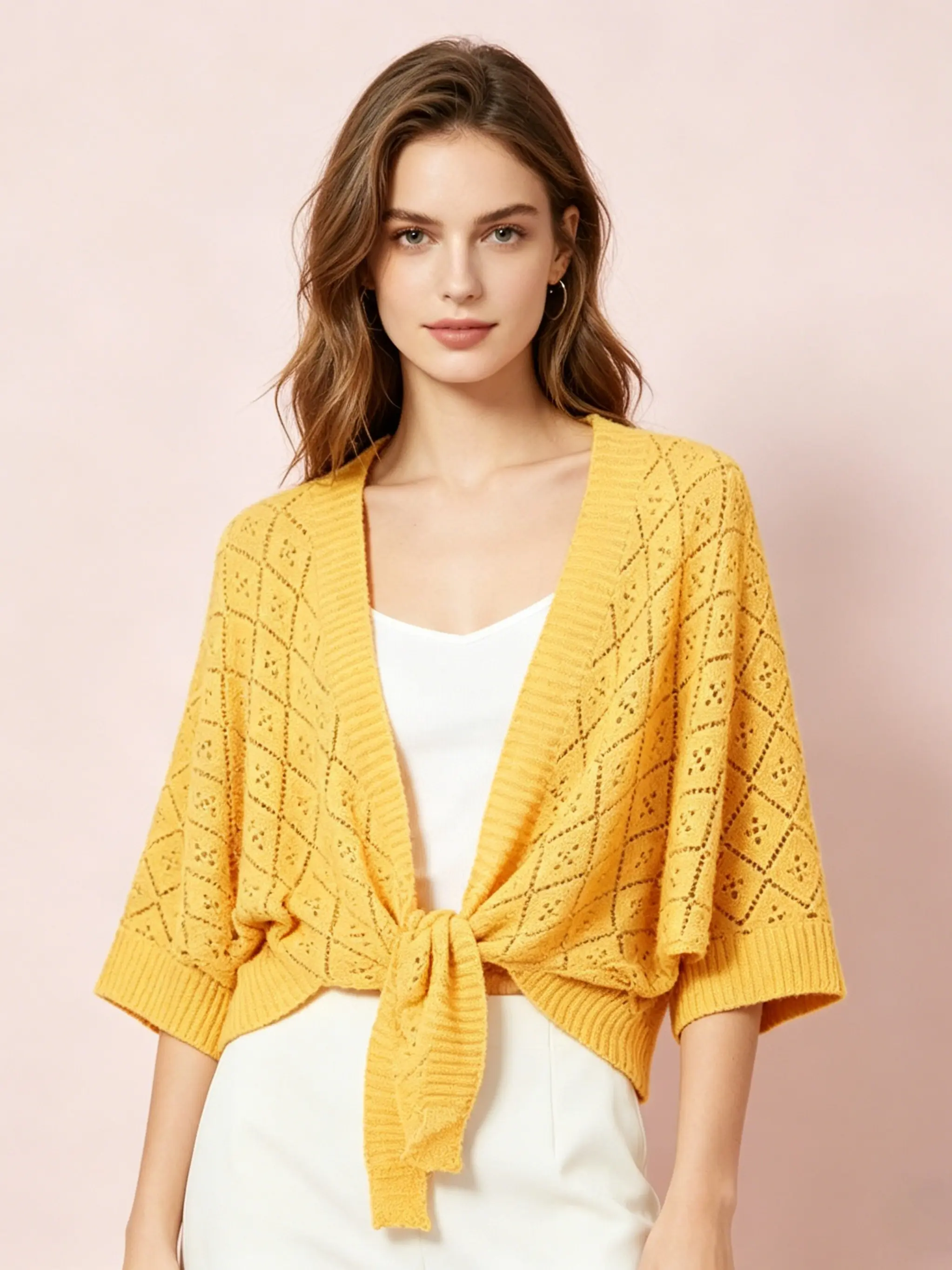 Women's Hollow Out Knit Shawl, Front Tie Batwing Sleeve Short Cardigan, Lightweight Loose Fit Rain Poncho, Multicolor Casual Evening Wear, Adjustable